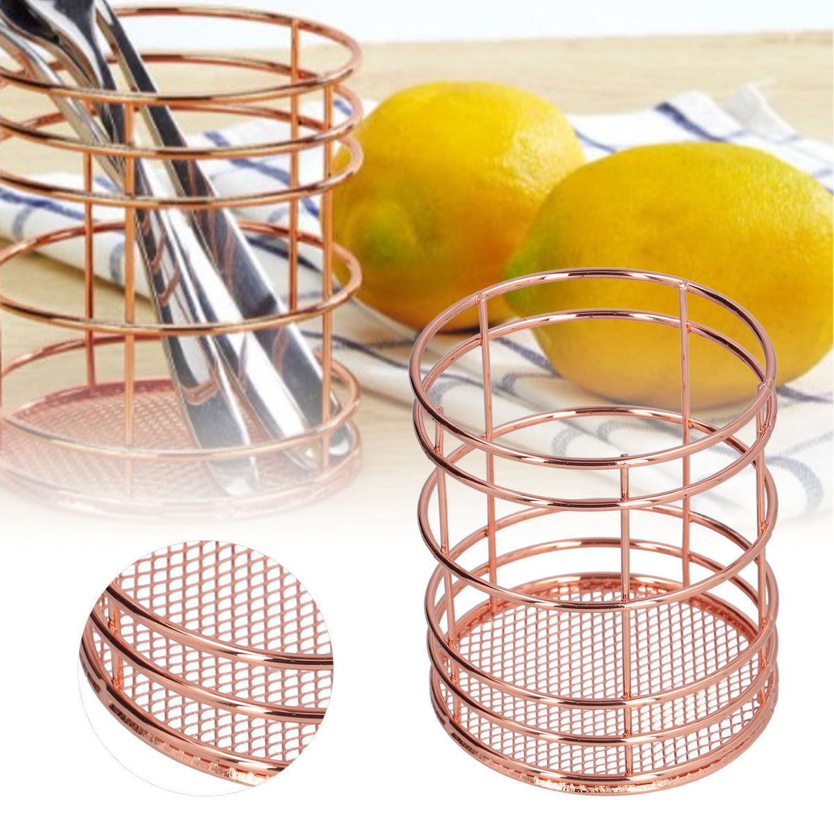 Round Hollow Chopstick Cage Multifunctional Desktop Pen Holder Organizer for Home KitchenRose Gold (J13454CP)