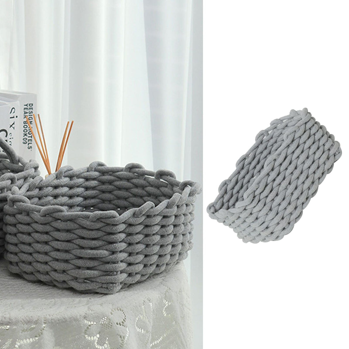 Cotton Rope Storage Basket Hand Knitting Nordic Style Desktop Storage Organizer for Key Snacks Underwear Grey 30x22x14cm/11.8x8.7x5.5in