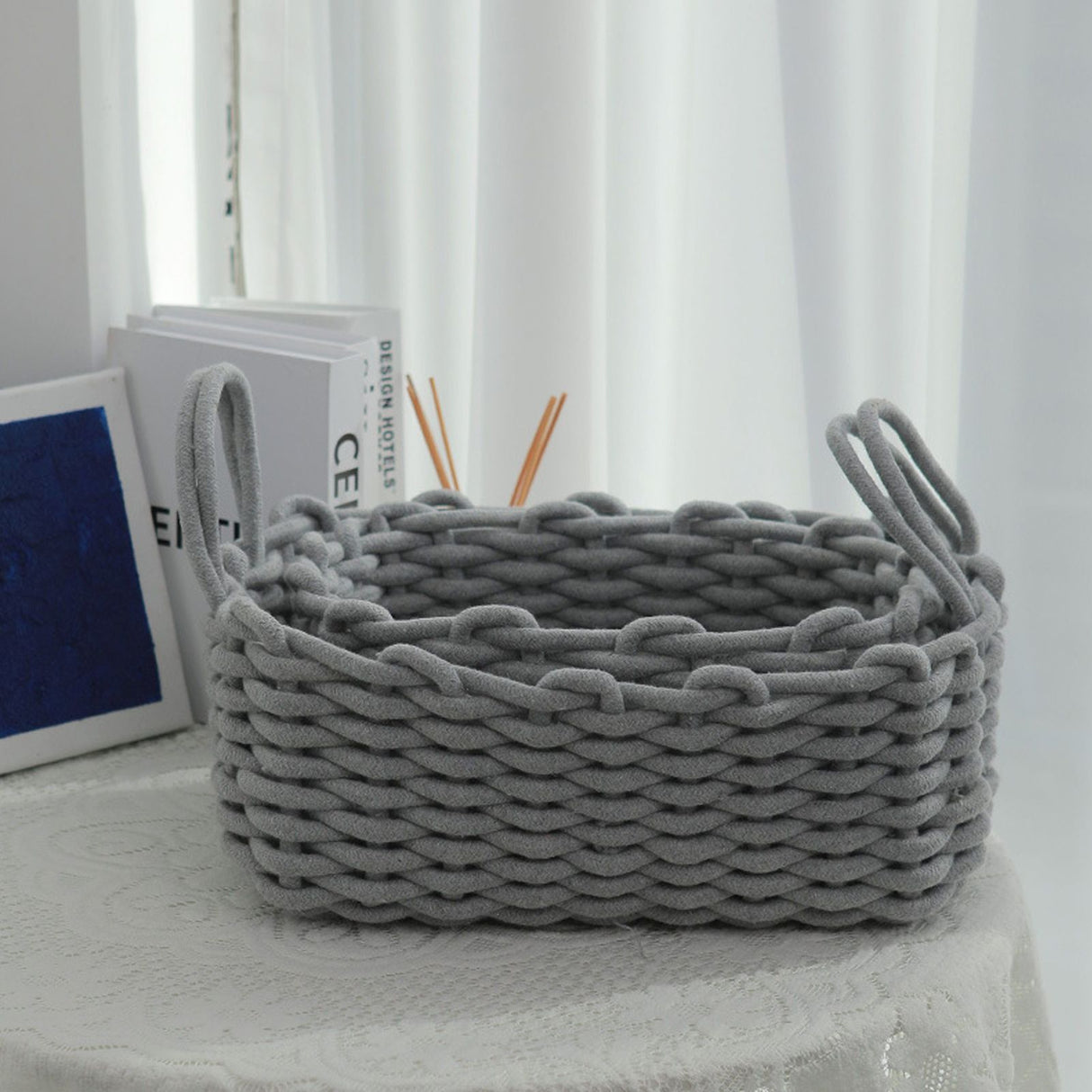 Cotton Rope Storage Basket Hand Knitting Nordic Style Desktop Storage Organizer for Key Snacks Underwear Grey 30x22x14cm/11.8x8.7x5.5in
