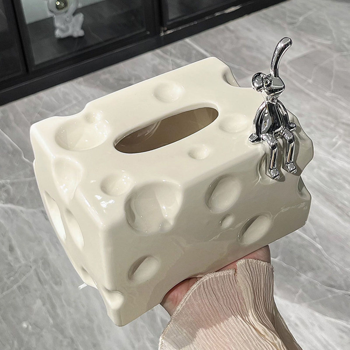 Tissue Box Cover Ceramic Rectangular Stylish Elegant Decorative Napkin Box Holder for Desktop Coffee Table Milky White