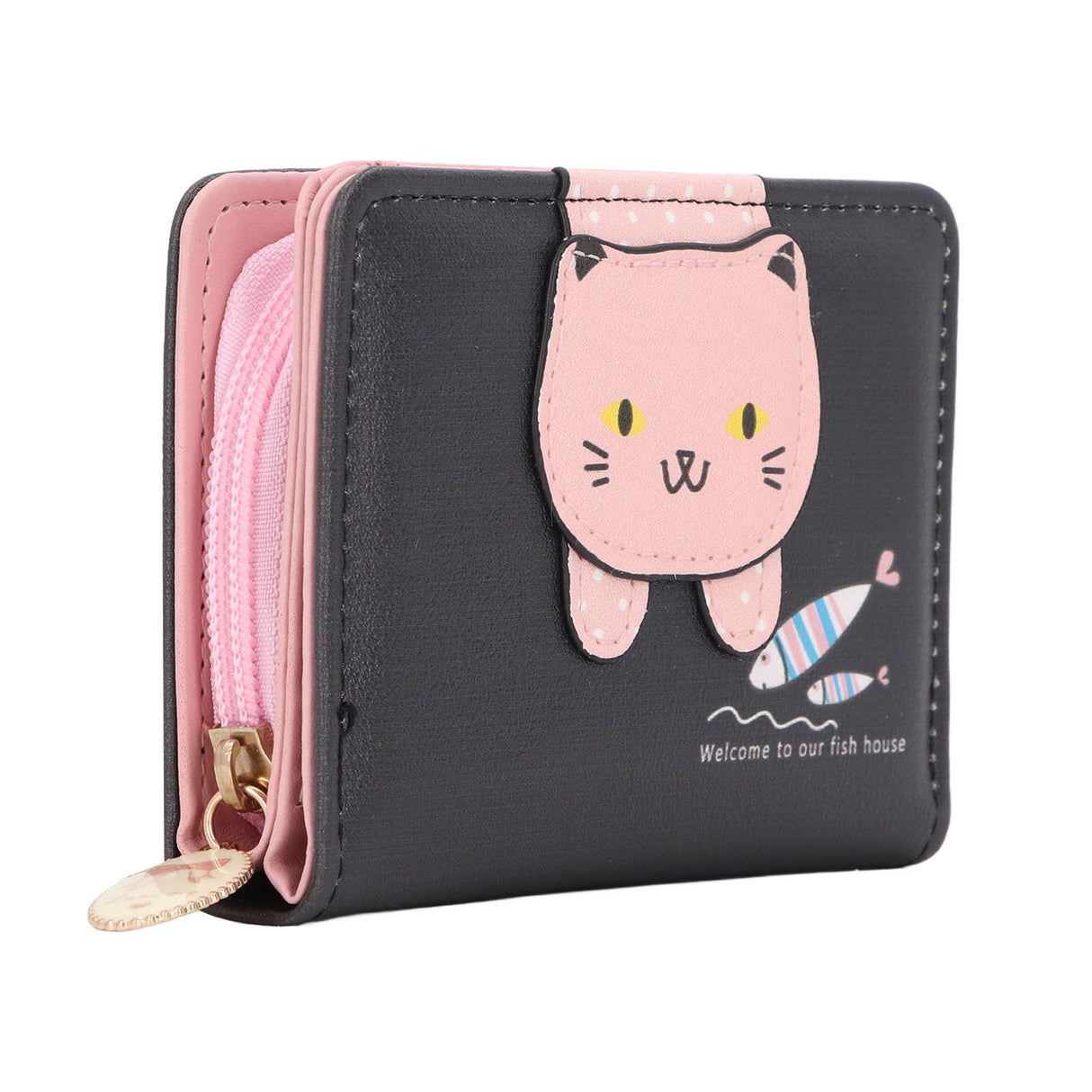 Female Korean Version Small PU Leather Coin Purse Student Cute Animal Change Bag Zipper Foldable Short Style Change Purse for Woman Girls Black