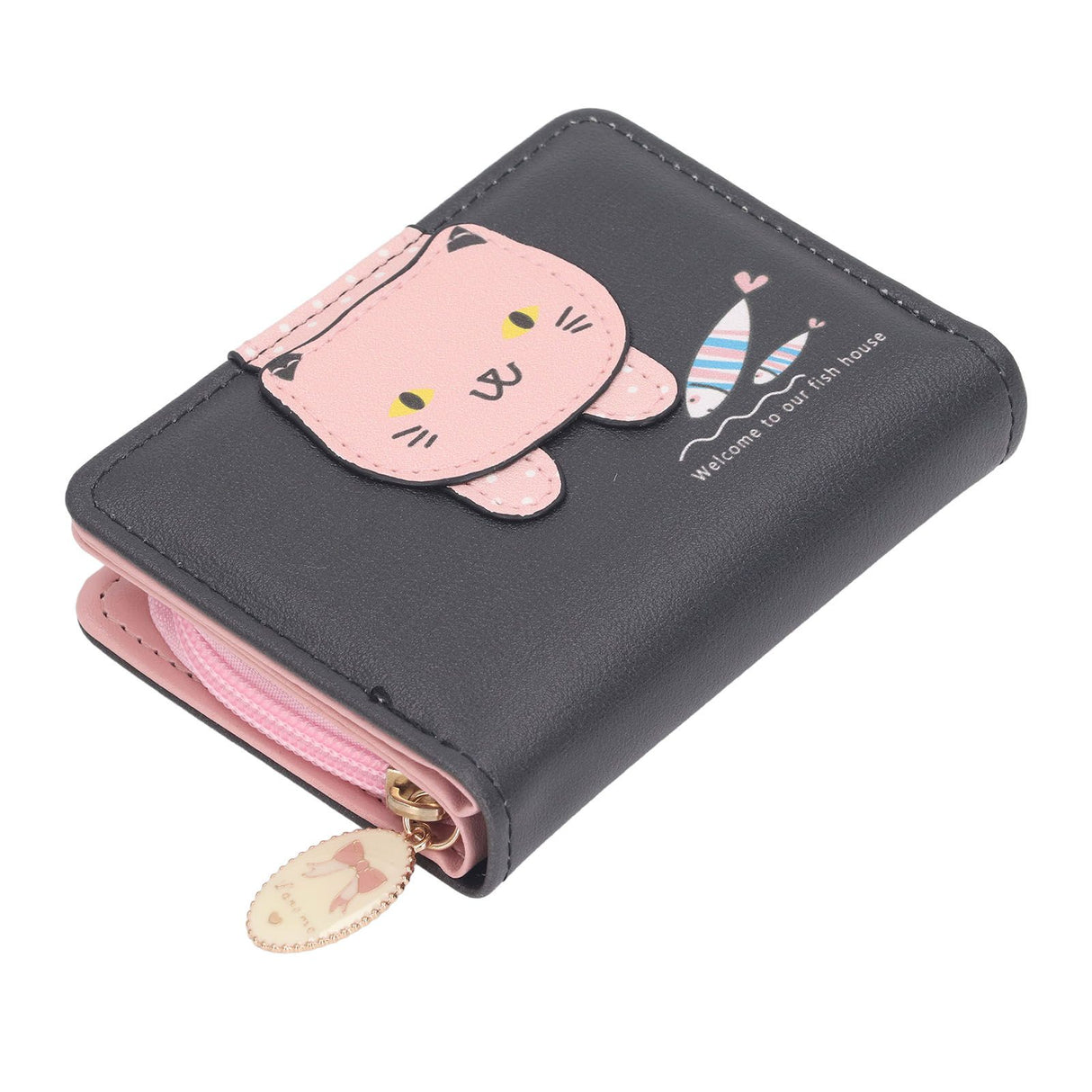 Female Korean Version Small PU Leather Coin Purse Student Cute Animal Change Bag Zipper Foldable Short Style Change Purse for Woman Girls Black