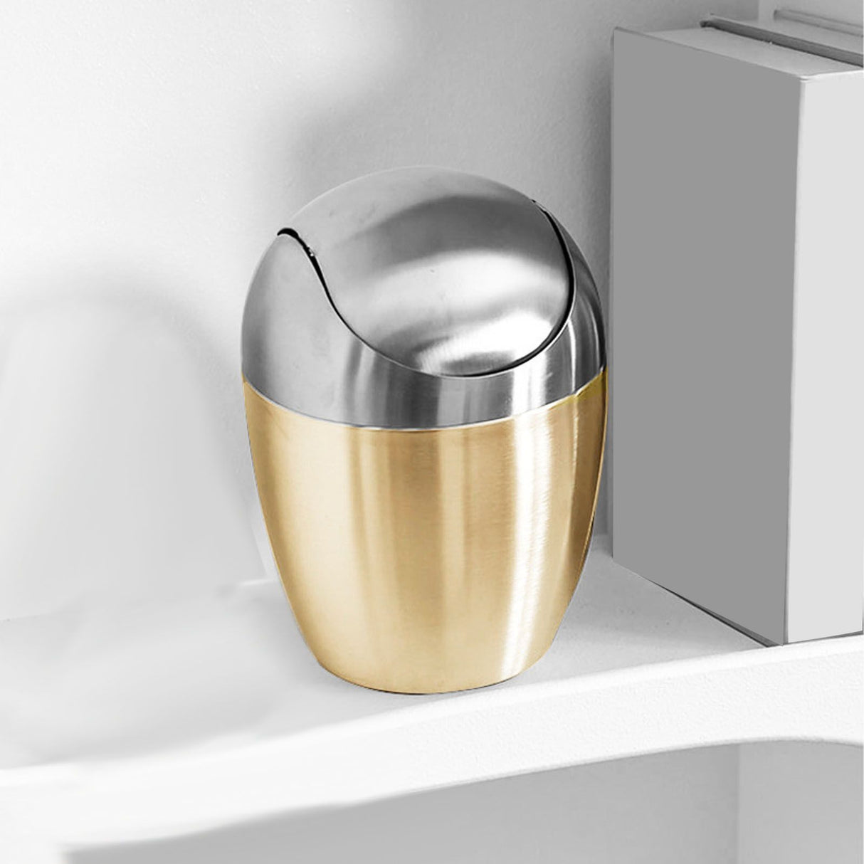 Desktop Small Trash Can Multipurpose 304 Stainless Steel Mini Trash Can with Lid for Tabletop Countertop Use Golden