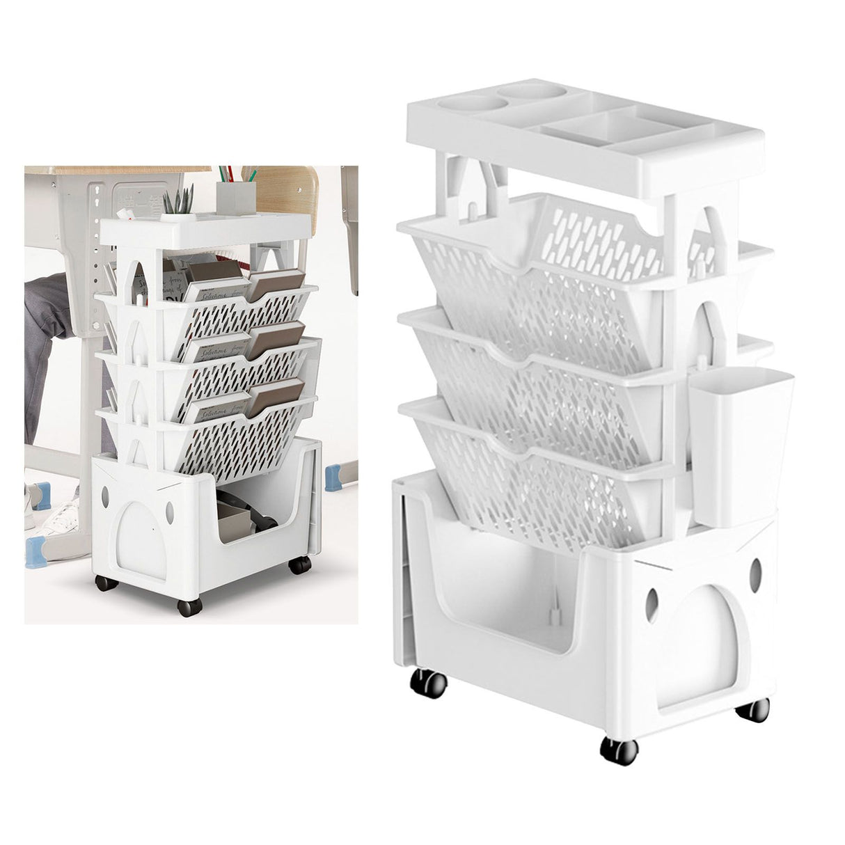 Rolling Mobile Bookshelf with Wheels 5 Tiers Large Capacity Strong Load Bearing Capacity Utility Cart for Study Kitchen White