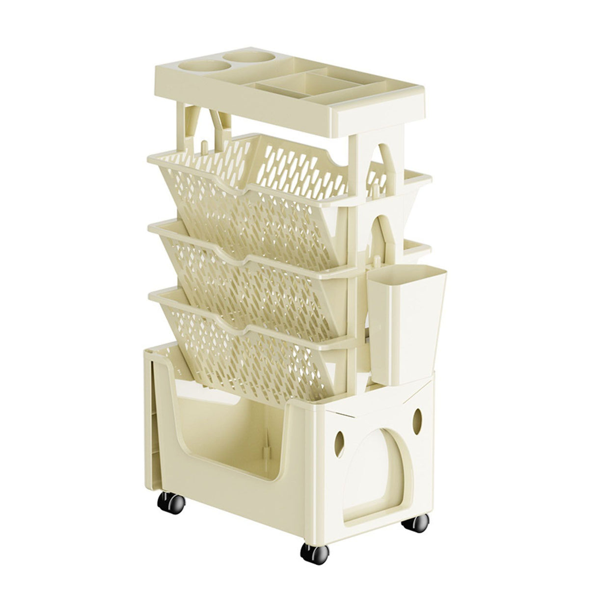 Rolling Mobile Bookshelf with Wheels 5 Tiers Large Capacity Strong Load Bearing Capacity Utility Cart for Study Kitchen Khaki
