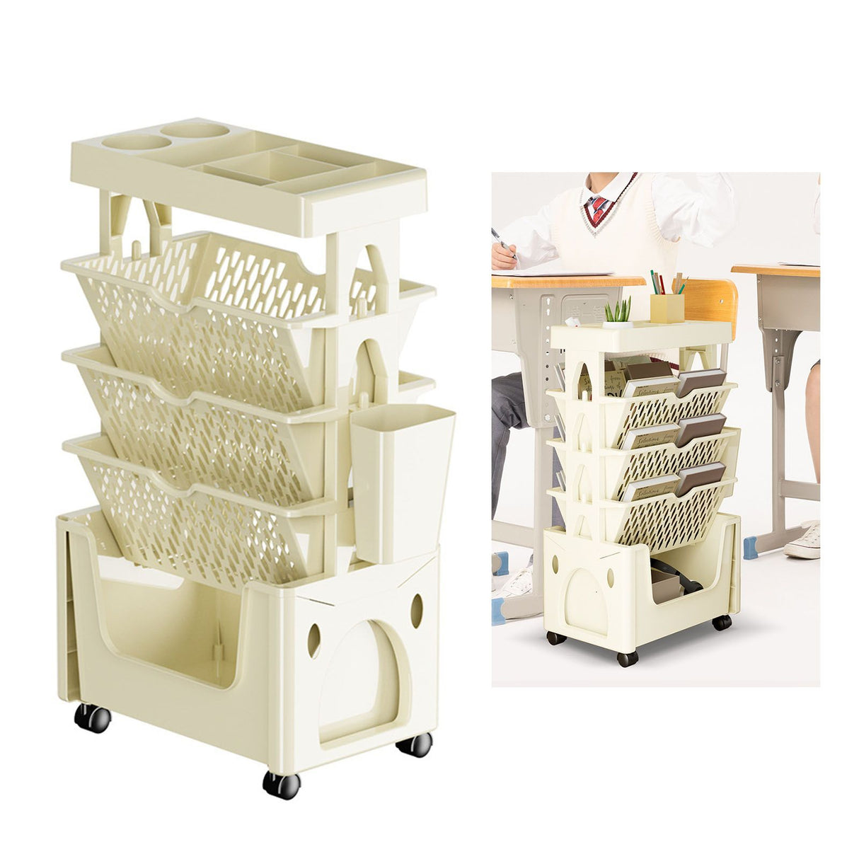 Rolling Mobile Bookshelf with Wheels 5 Tiers Large Capacity Strong Load Bearing Capacity Utility Cart for Study Kitchen Khaki