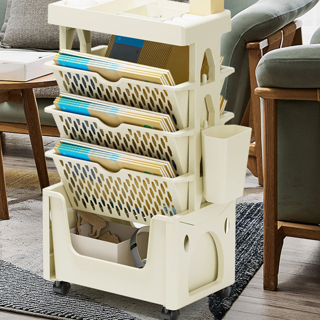 Rolling Mobile Bookshelf with Wheels 5 Tiers Large Capacity Strong Load Bearing Capacity Utility Cart for Study Kitchen Khaki