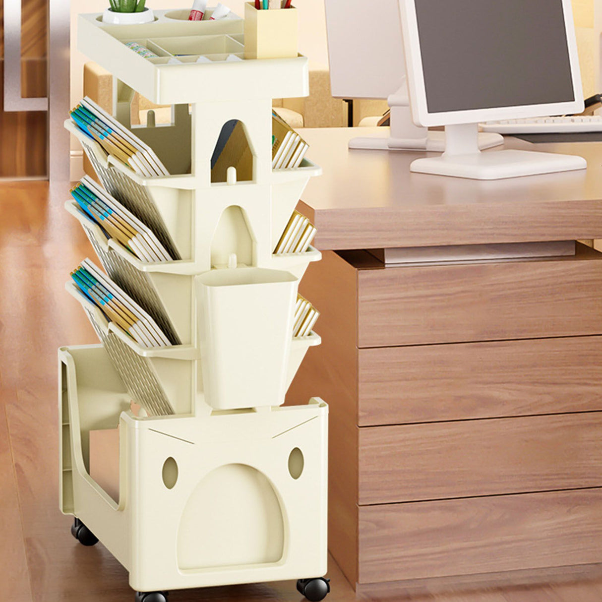 Rolling Mobile Bookshelf with Wheels 5 Tiers Large Capacity Strong Load Bearing Capacity Utility Cart for Study Kitchen Khaki