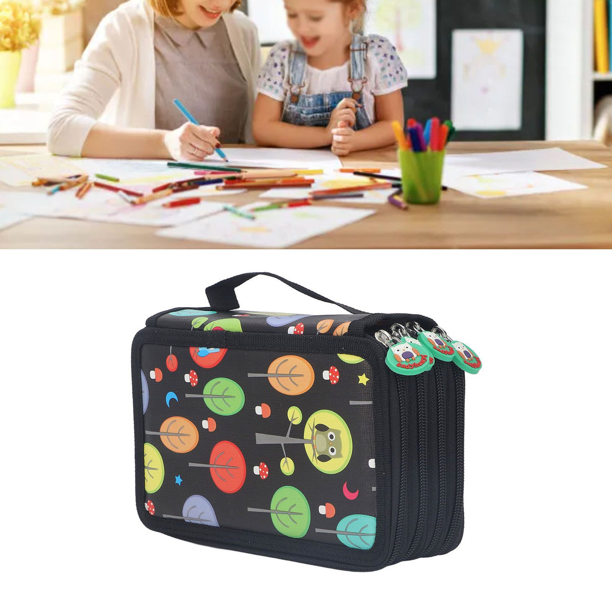 Colored Pencil Case Pencil Holder with Zipper Closure Large Capacity Pencil Case Foldable Colored Pencil Bag Cartoon Black 4 Layers 72 Holes