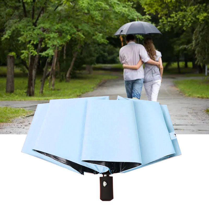 Travel Umbrella Sun Rain 3 Fold 8 Ribs Button Operation Light Weight Umbrella for Women Girl Daily Men Light Blue