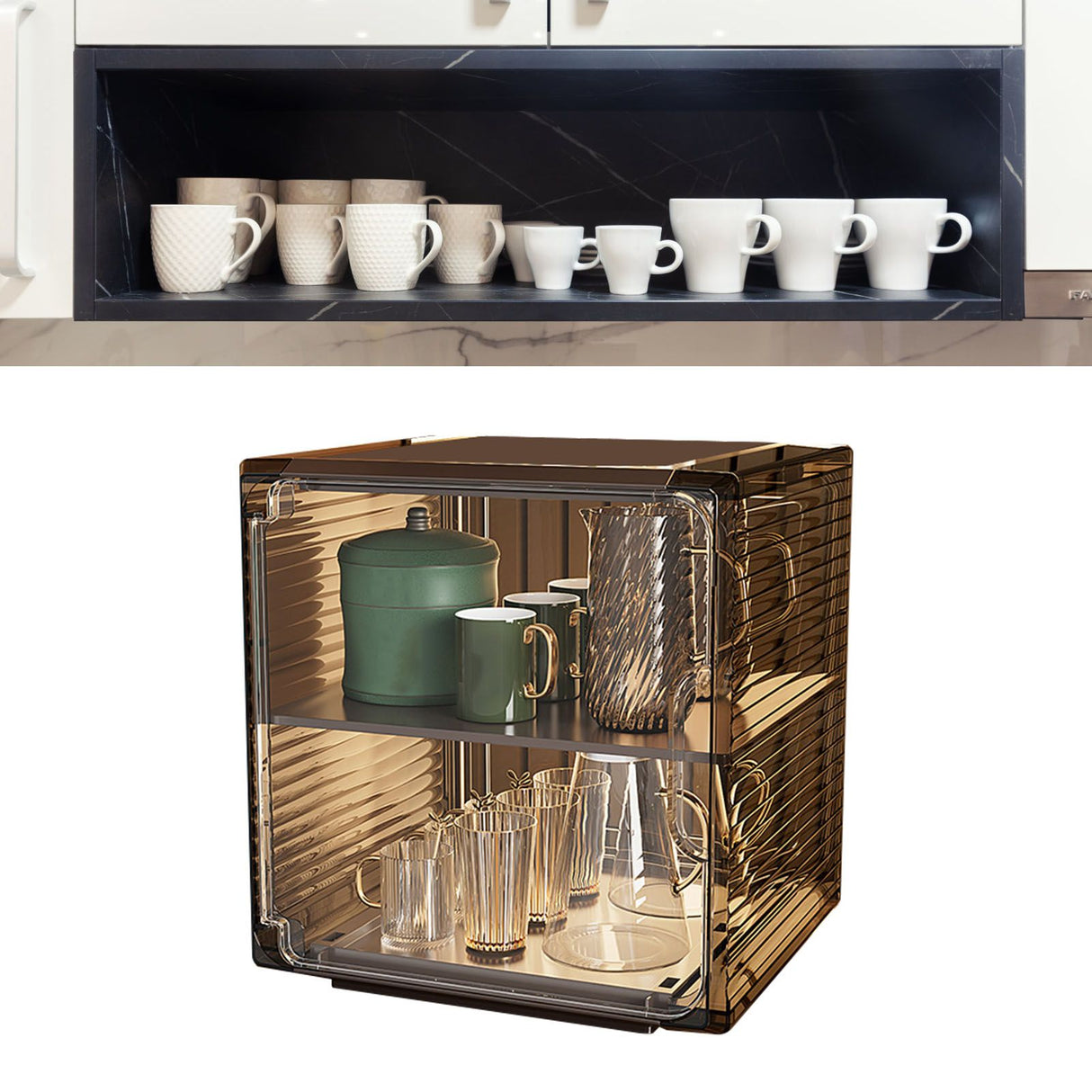 Cup Storage Rack Dustproof Stackable Plastic Clear Cup Organizer Box for Cabinet Desktop Medium Black