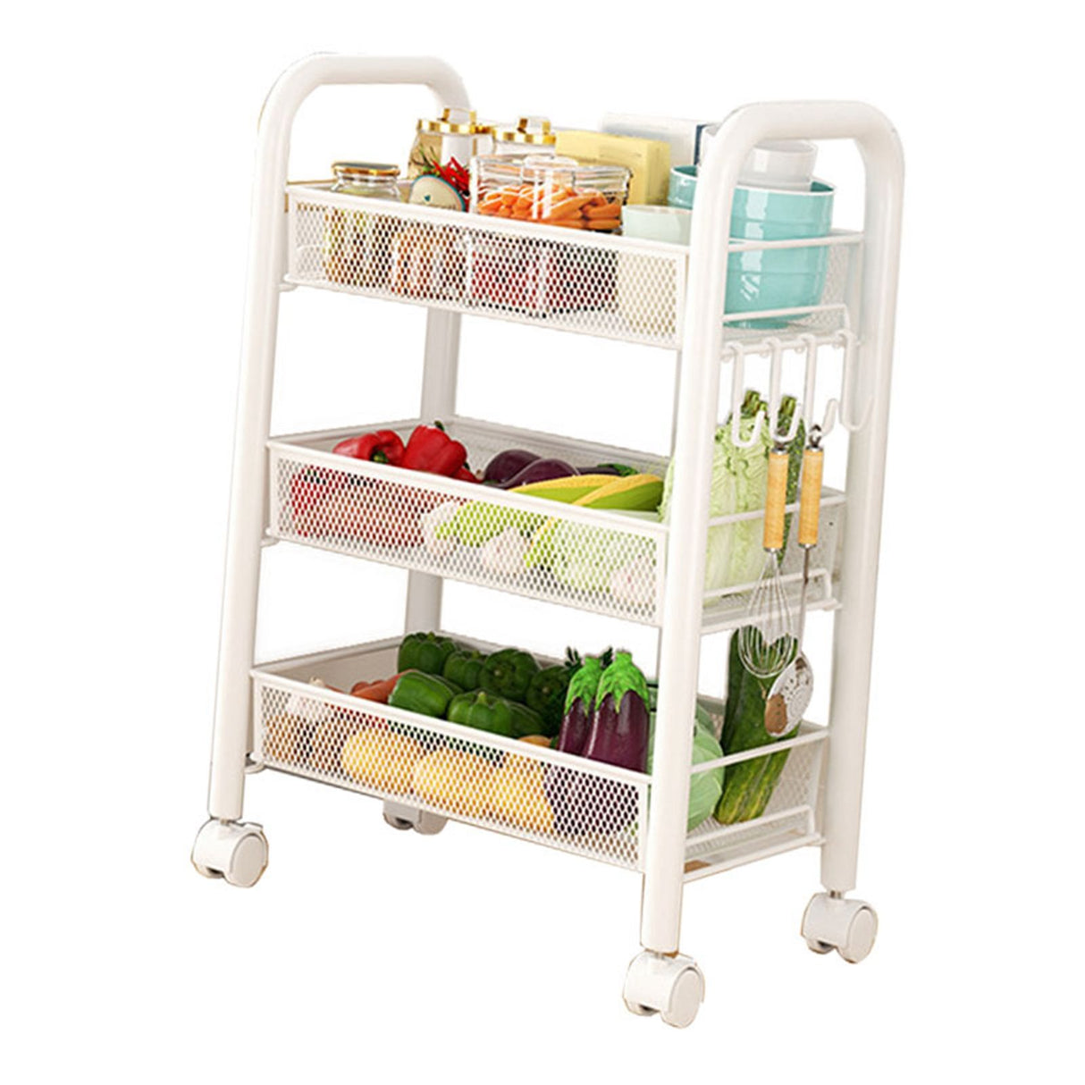Rolling Storage Cart Layered Storage Shelves Multi Functional Movable Snack Vegetable Baskets Kitchen Shelves White Three Layers