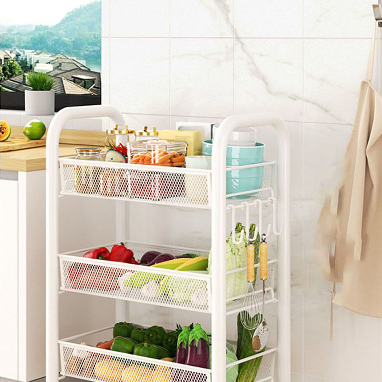Rolling Storage Cart Layered Storage Shelves Multi Functional Movable Snack Vegetable Baskets Kitchen Shelves White Three Layers