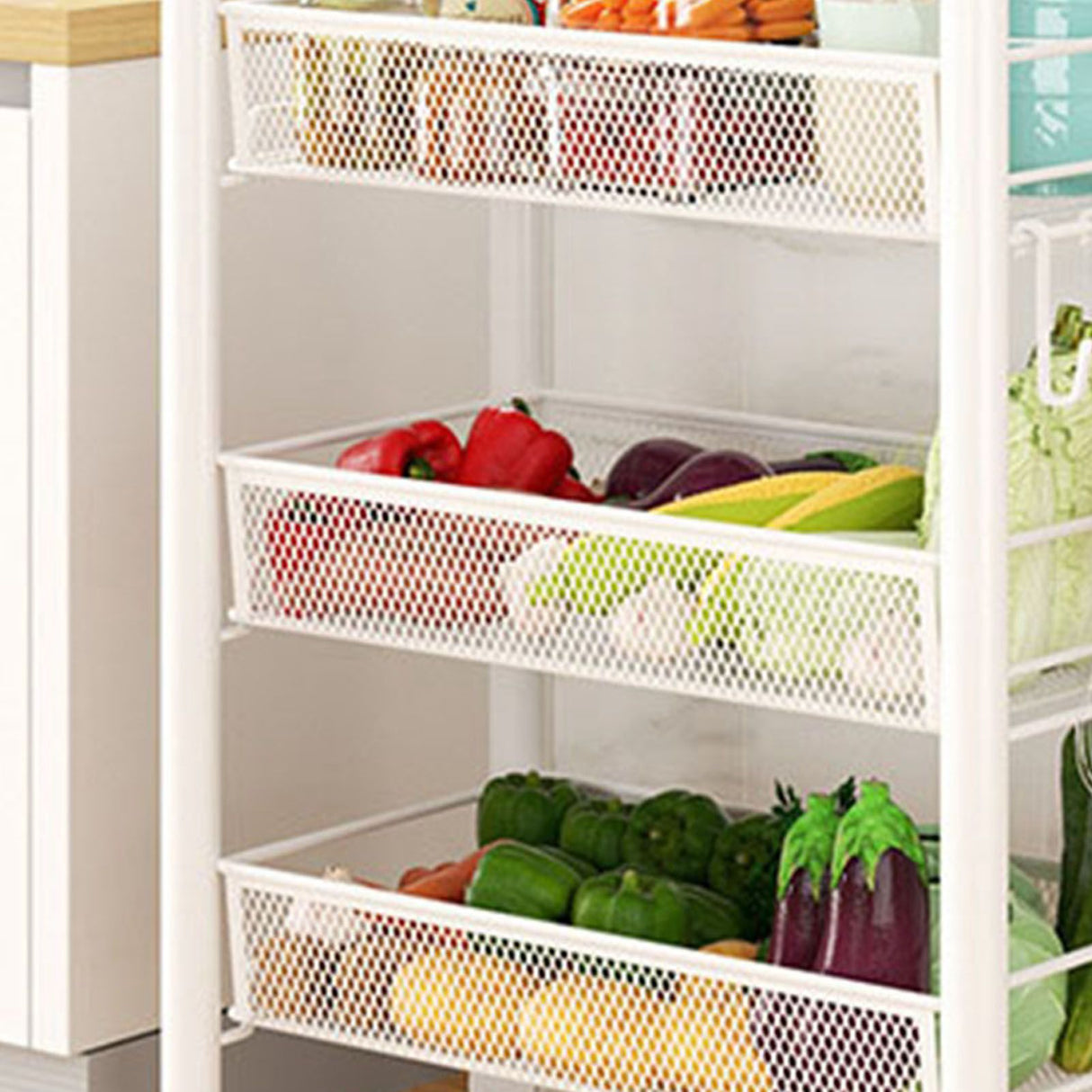 Rolling Storage Cart Layered Storage Shelves Multi Functional Movable Snack Vegetable Baskets Kitchen Shelves White Three Layers