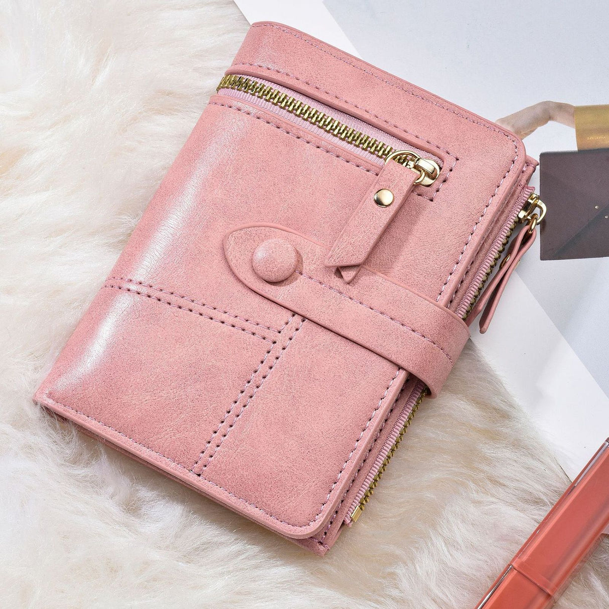 Women Wallet PU Leather Short Small Size Multiple Slots Card Holder Coin Purse for Daily Life Pink