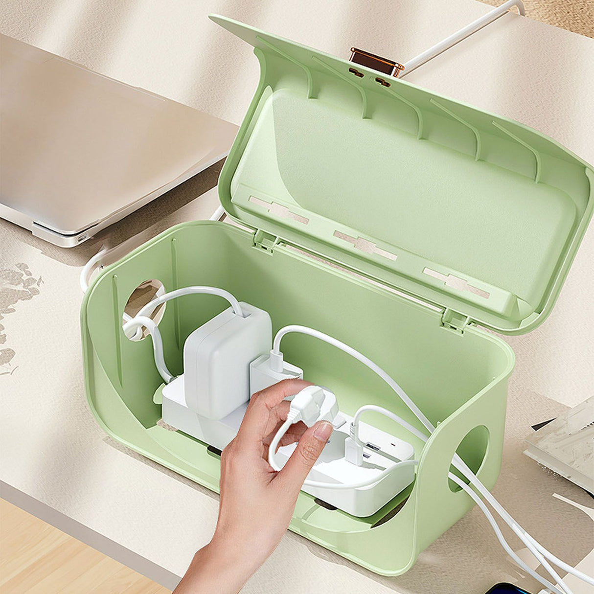 Cable Management Box Plastic Easy Assemble Safety Protection Cord Organizer Box for Power Strips Chargers Adapters Wires White