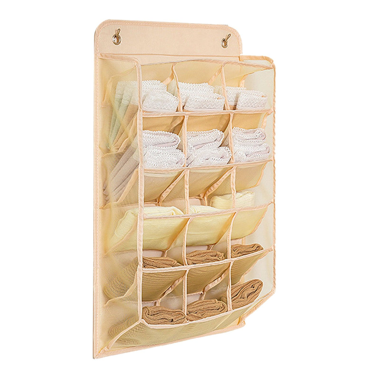 Closet Hanging Underwear Organizer Mesh Oxford Cloth PP Board Underwear Wall Shelf Wardrobe Hanging Storage Bag for Bra Socks Underpants 15 Pockets Beige