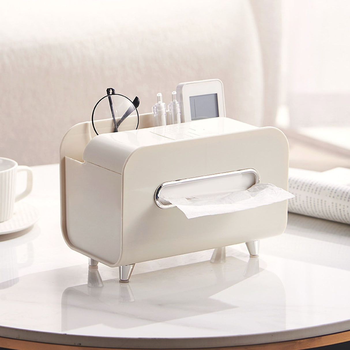 Desktop Tissue Box Multifunction Tissue Storage Dispenser with Phone Holder Remote Control Organizer Cream White