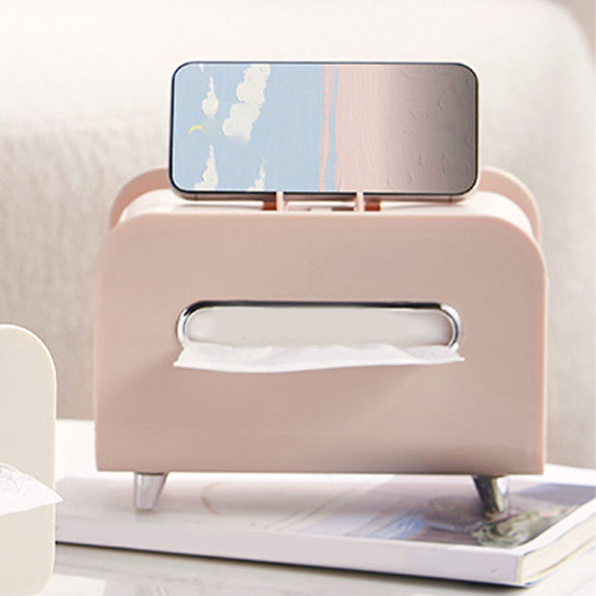 Desktop Tissue Box Multifunction Tissue Storage Dispenser with Phone Holder Remote Control Organizer Pink
