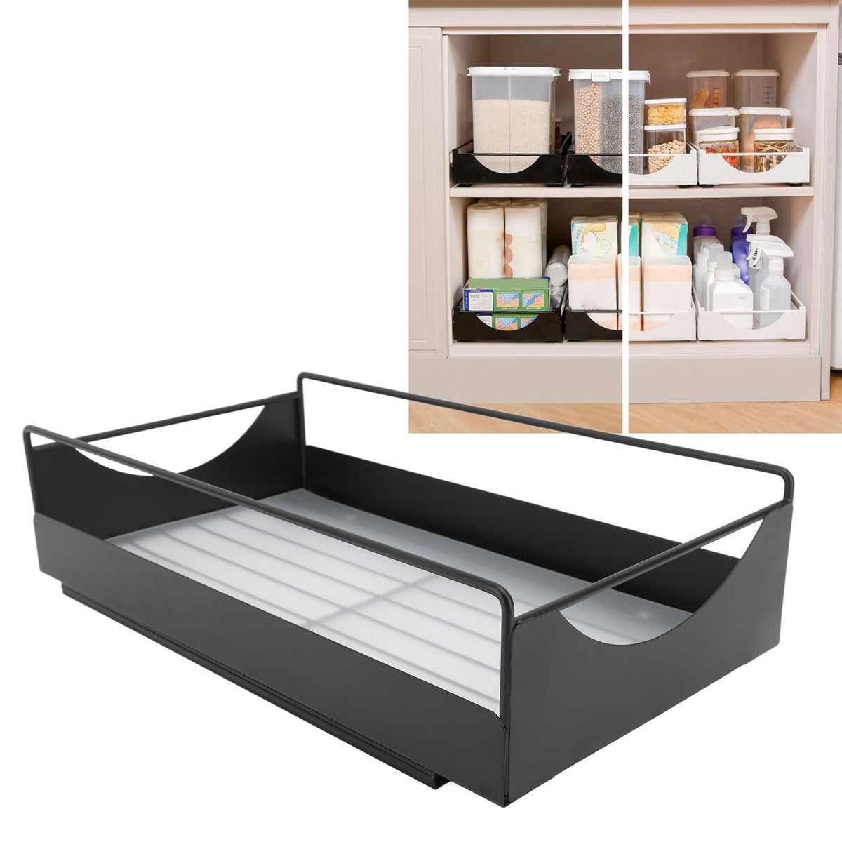 Pull Out Cabinet Organizer Carbon Steel Smooth Sliding Silent Slide Out Pantry Shelves for Bathroom Wardrobe Black M 227x401x85mm