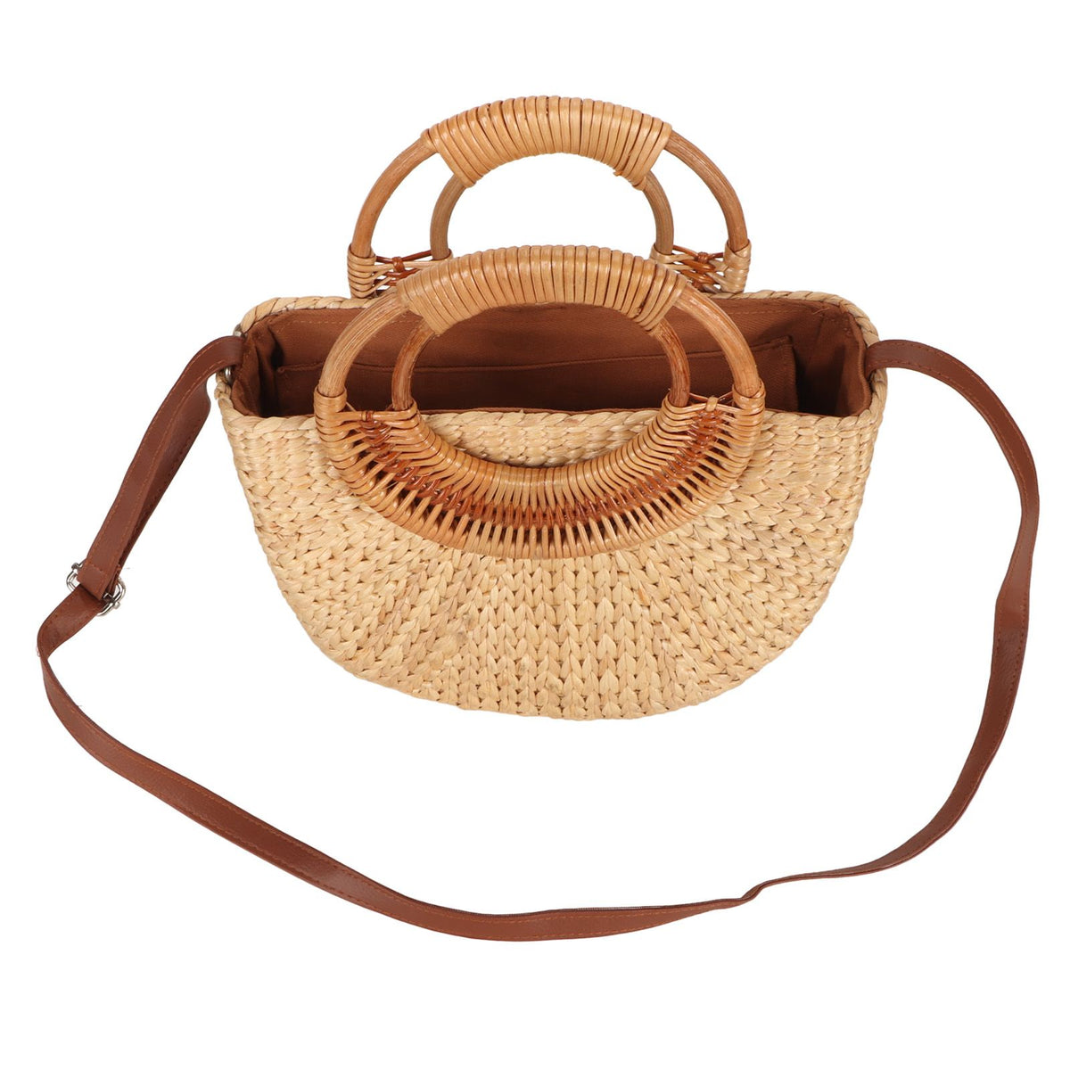 Women Rattan Bag Retro Fashion Small Semicircle Handwoven Straw Shoulder Bag Clutch Bag for Beach Travel