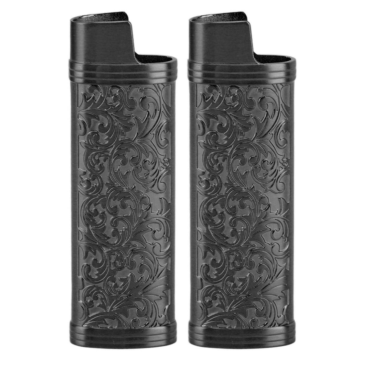 2PCS Lighter Case Cover Vintage Style Floral Stamped Zinc Alloy Shell for Lighter Protection Black
