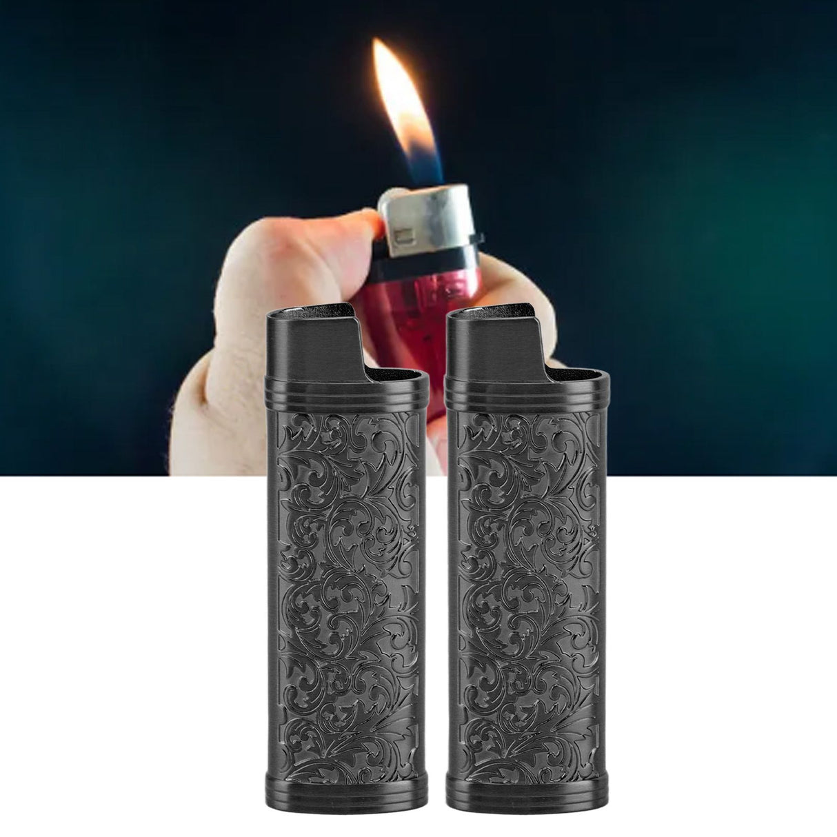 2PCS Lighter Case Cover Vintage Style Floral Stamped Zinc Alloy Shell for Lighter Protection Black