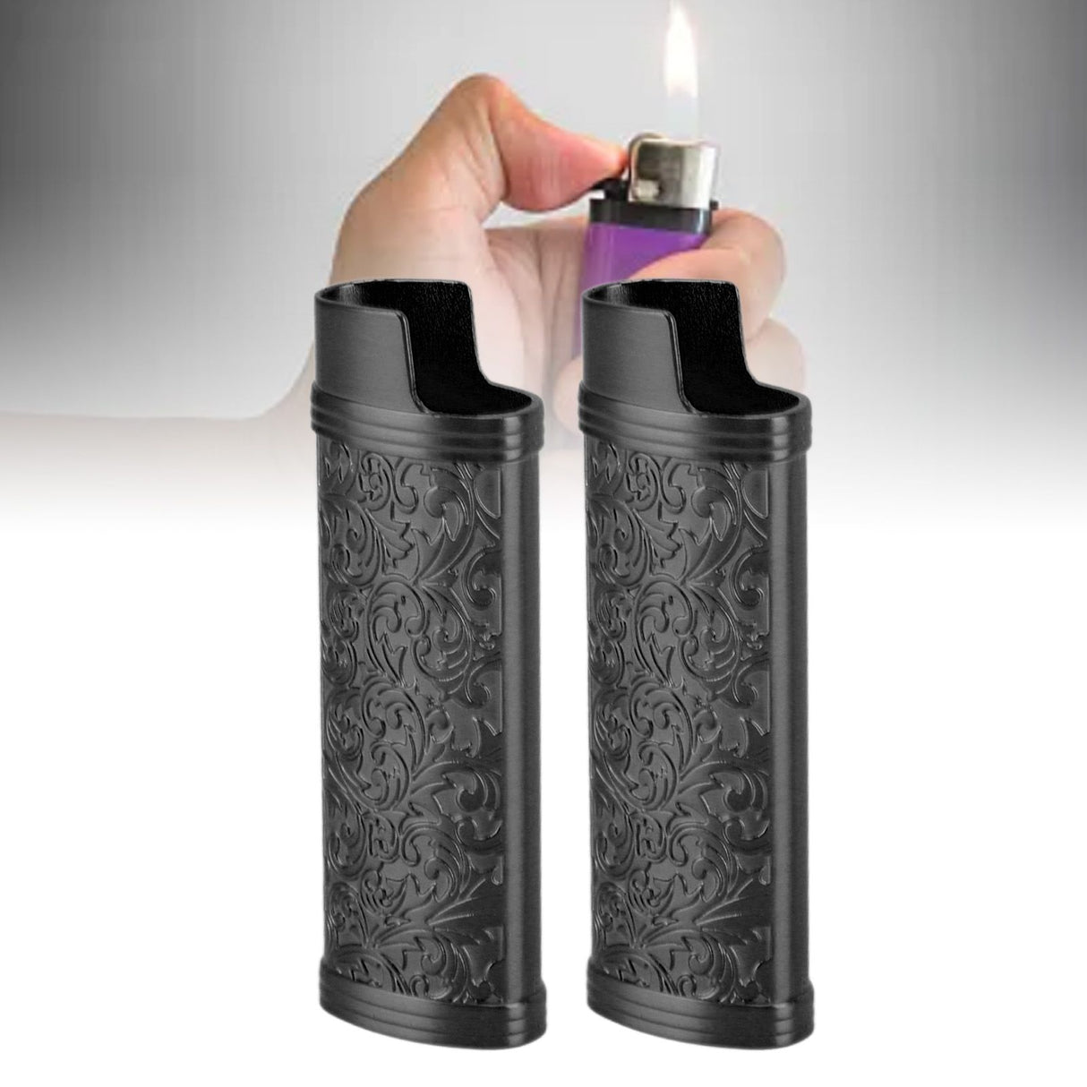 2PCS Lighter Case Cover Vintage Style Floral Stamped Zinc Alloy Shell for Lighter Protection Black