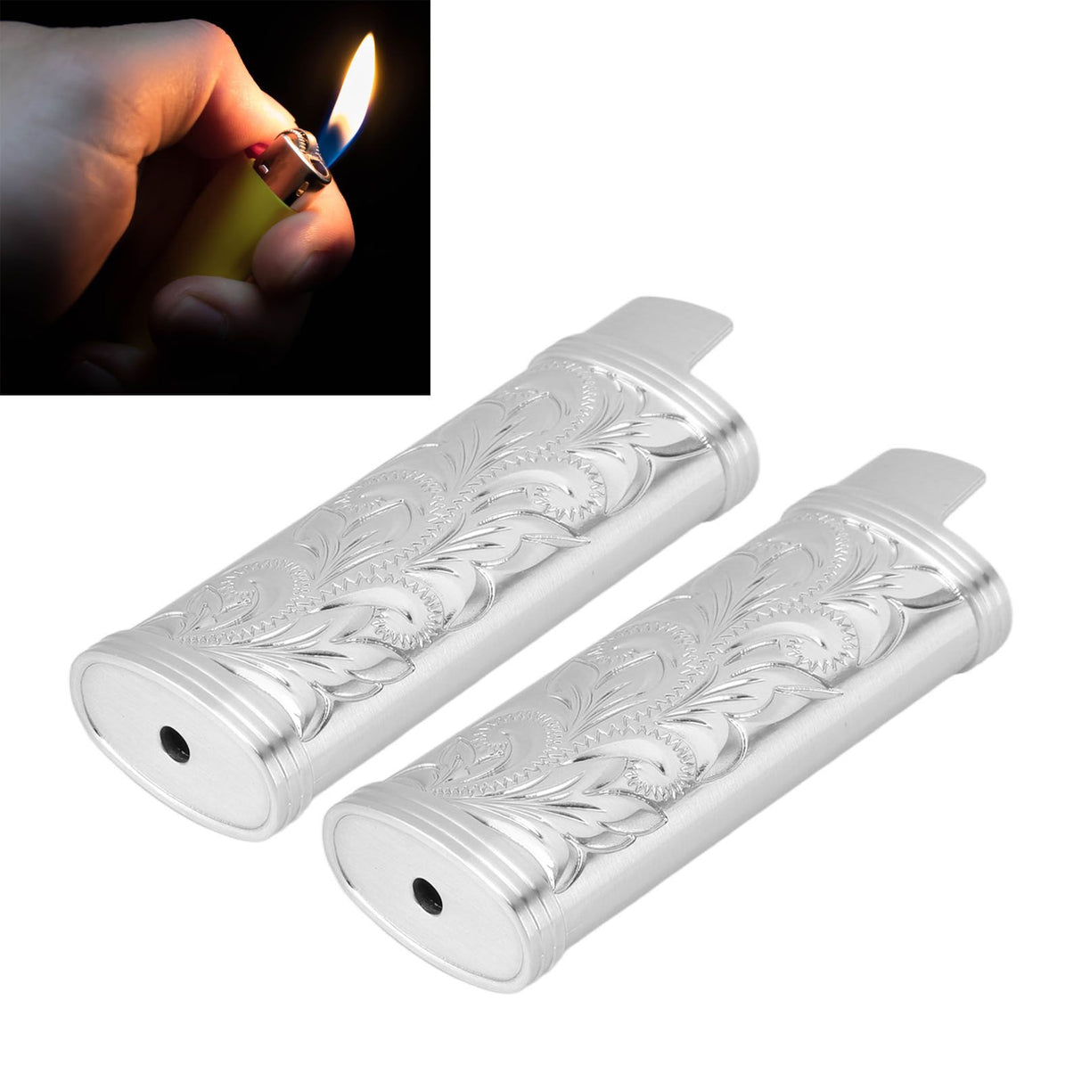 2Pcs Lighter Case Zinc Alloy Lighter Storage Container Floral Pattern for Outdoor Camping Hiking Silver