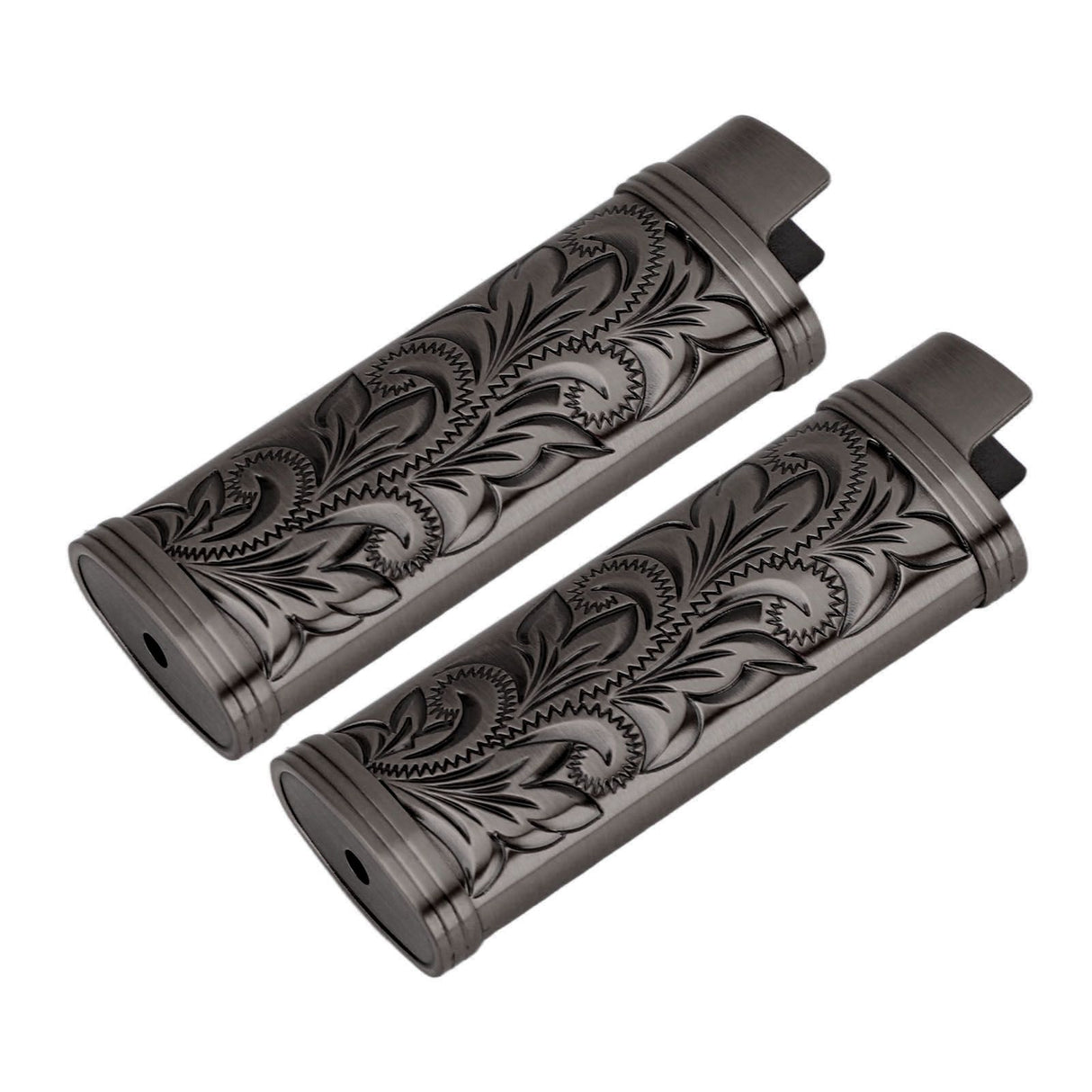 2Pcs Lighter Case Zinc Alloy Lighter Storage Container Floral Pattern for Outdoor Camping Hiking Black