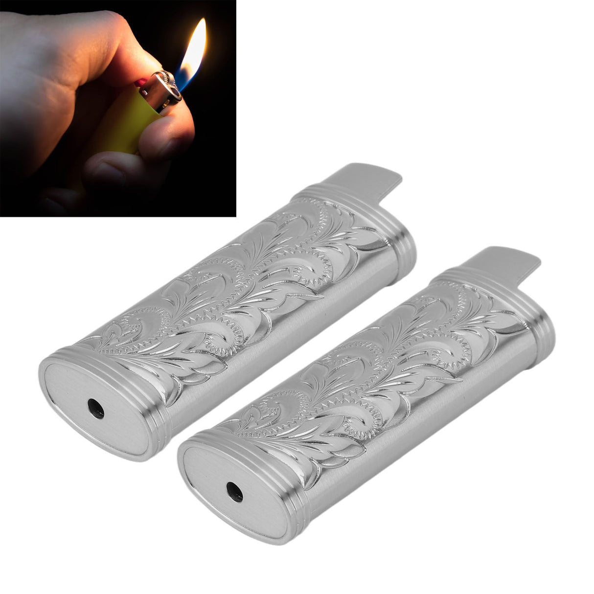 2Pcs Lighter Case Zinc Alloy Lighter Storage Container Floral Pattern for Outdoor Camping Hiking Grey
