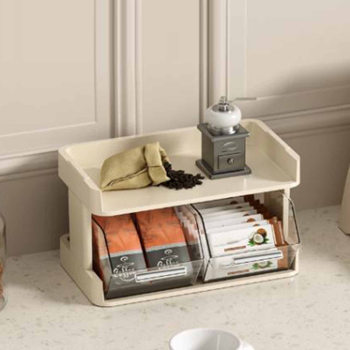 Tea Bag Organizer Office Bar Desktop Tea Bag Coffee Capsule Storage Rack Multilayer Countertop Organizer Cream White 2 Layer 30x17x16.5cm