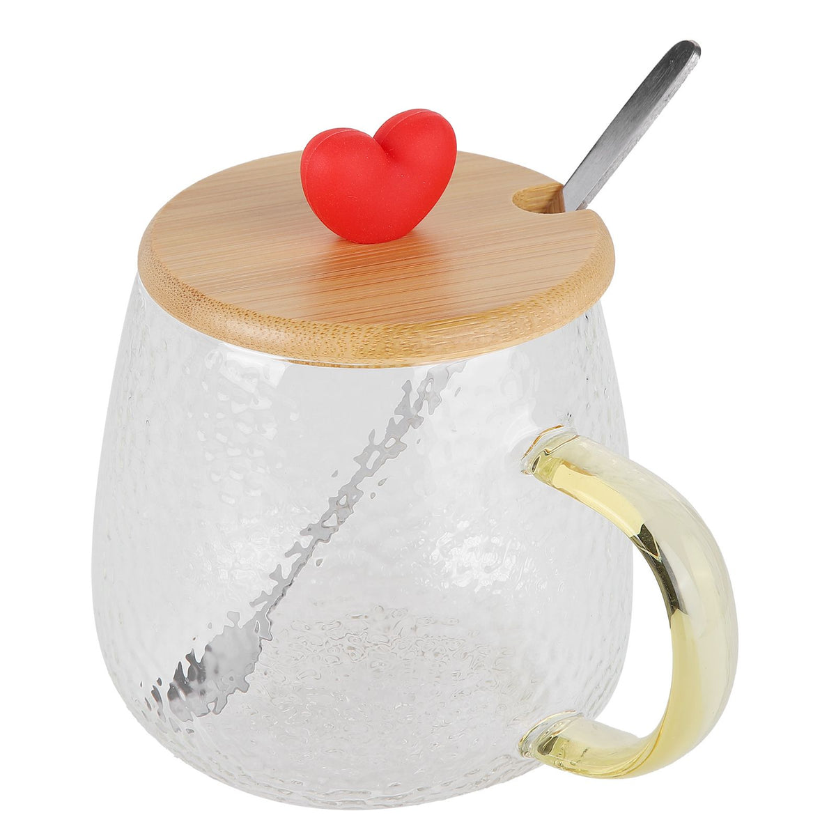 400ml Cute High Borosilicate Glass Cup HeatResistant Mug with Stainless Steel Spoon Bamboo Lid(Love )