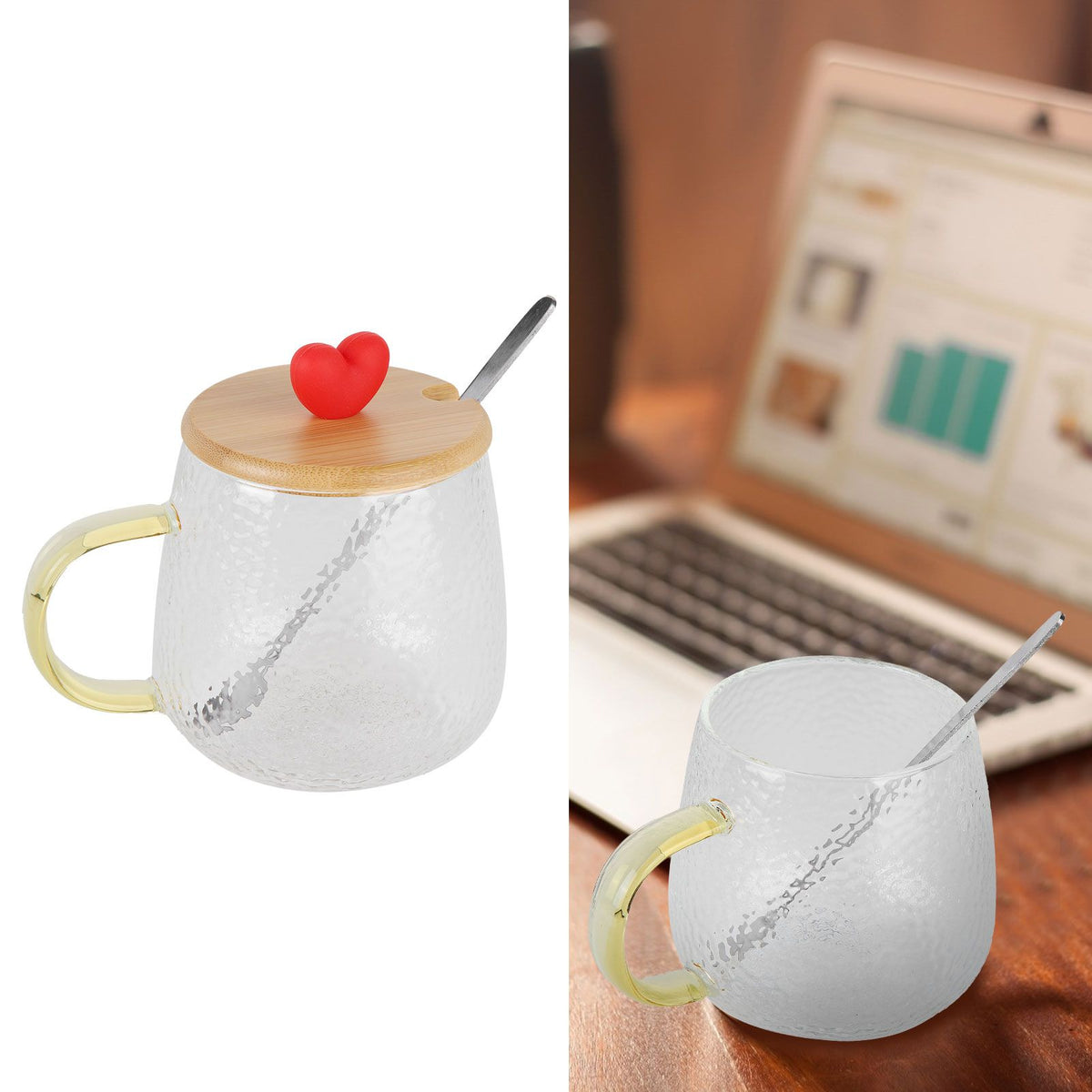 400ml Cute High Borosilicate Glass Cup HeatResistant Mug with Stainless Steel Spoon Bamboo Lid(Love )