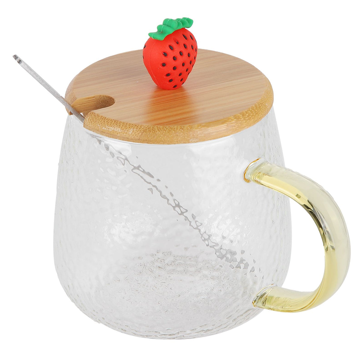 400ml Cute High Borosilicate Glass Cup HeatResistant Mug with Stainless Steel Spoon Bamboo Lid(Strawberry )
