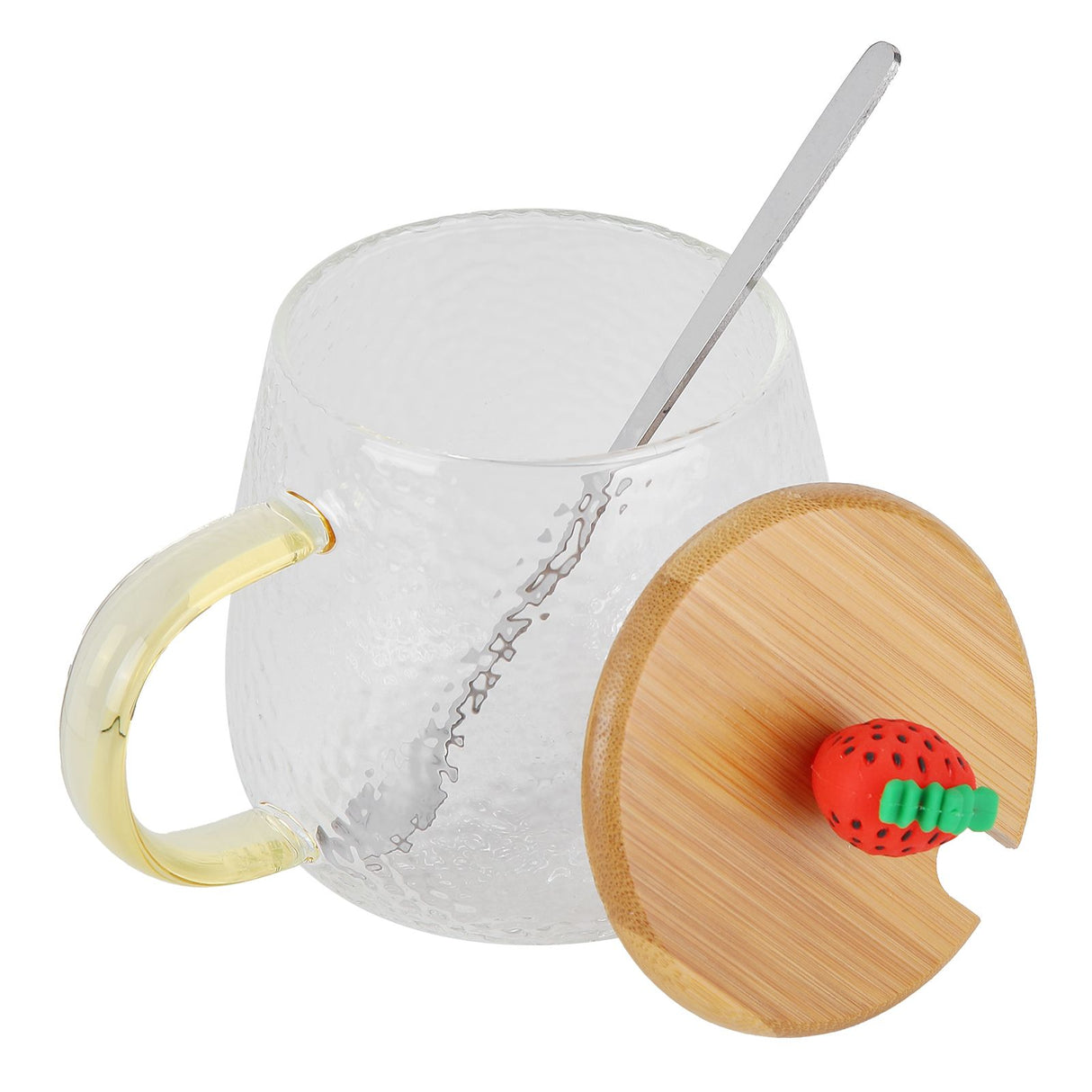 400ml Cute High Borosilicate Glass Cup HeatResistant Mug with Stainless Steel Spoon Bamboo Lid(Strawberry )