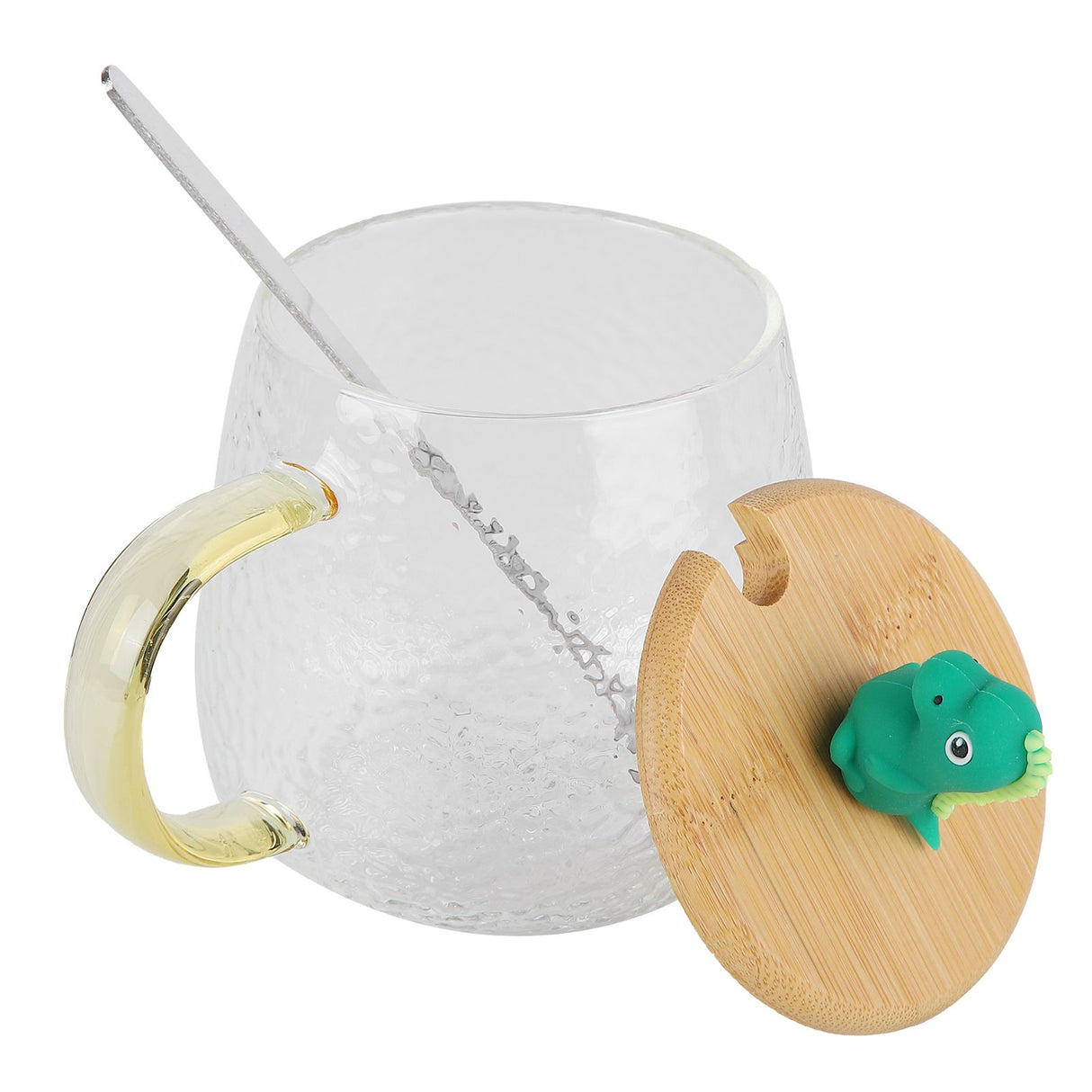 400ml Cute High Borosilicate Glass Cup HeatResistant Mug with Stainless Steel Spoon Bamboo Lid(Dinosaur )