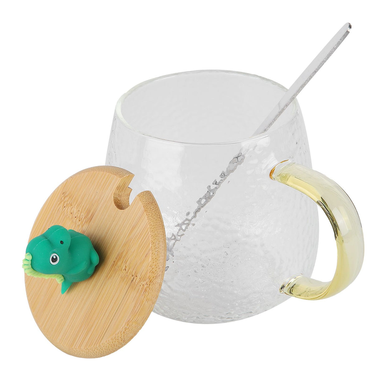 400ml Cute High Borosilicate Glass Cup HeatResistant Mug with Stainless Steel Spoon Bamboo Lid(Dinosaur )