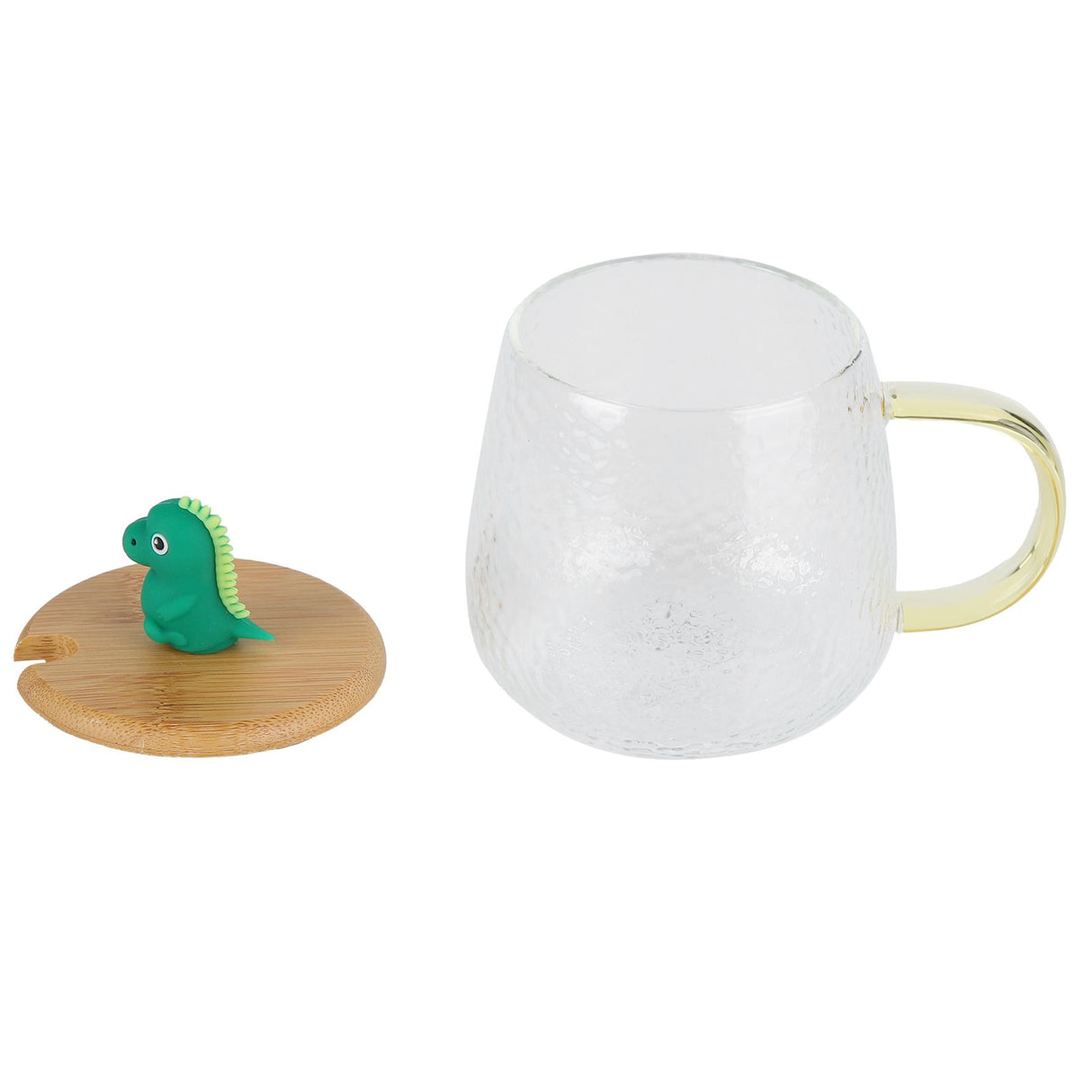 400ml Cute High Borosilicate Glass Cup HeatResistant Mug with Stainless Steel Spoon Bamboo Lid(Dinosaur )