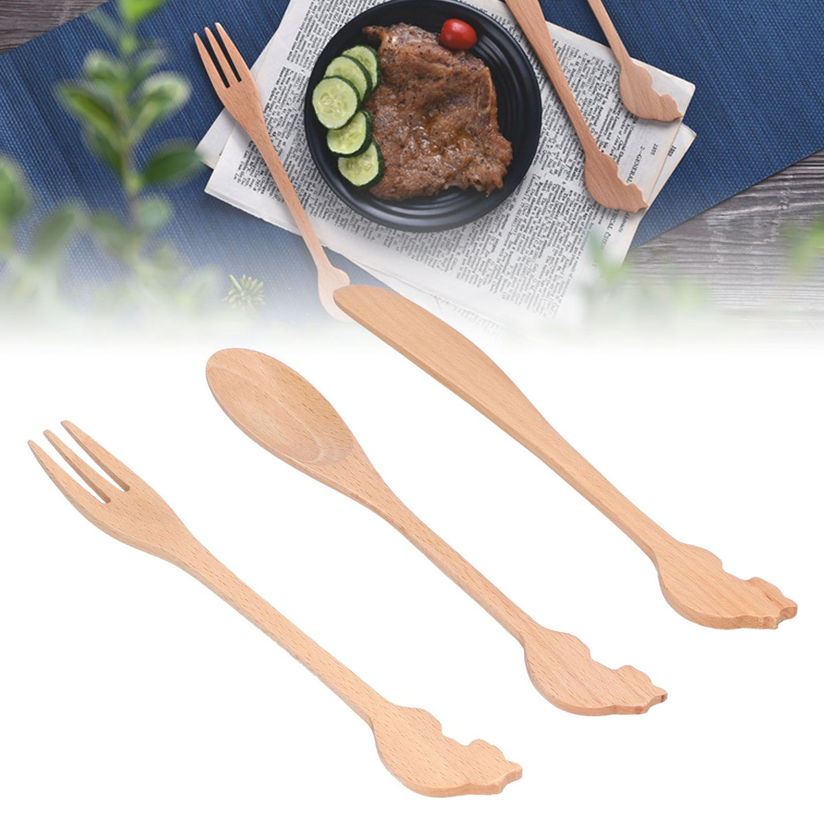 3pcs Wooden Tableware Set Spoon Fork Reusable Hand Made Utensils Portable Soup Spoon for Kitchen Picnic Hotel