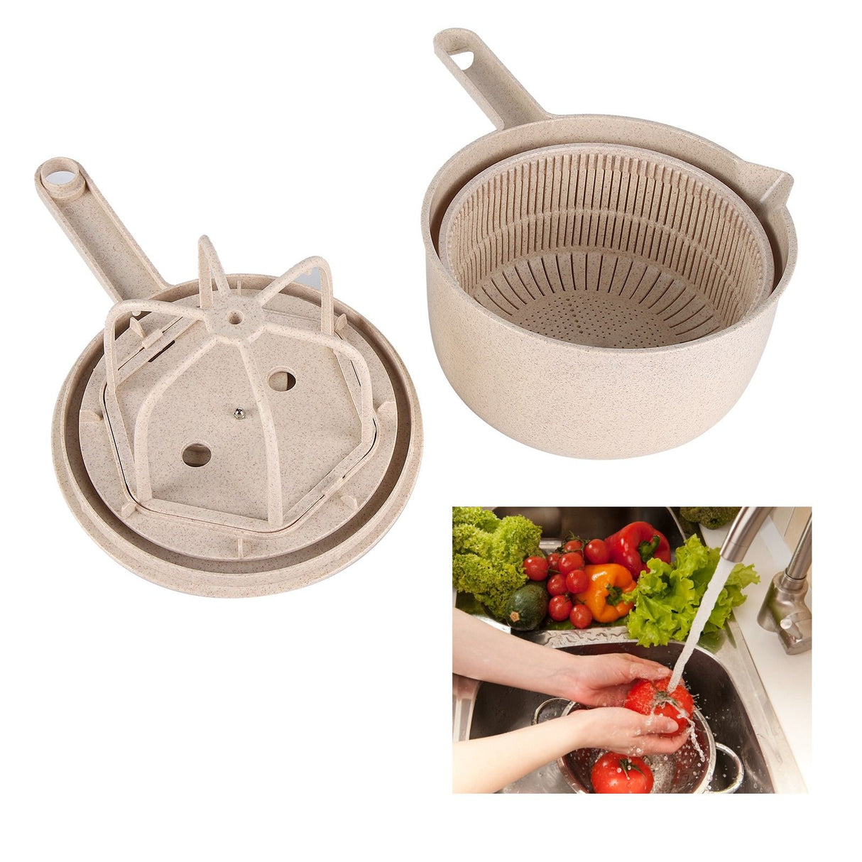 Salad Spinner Fruit Vegetable Dryer Strainer Sifter Manual Vegetables Rice Washing Tool for Kitchen SuppliesBeige