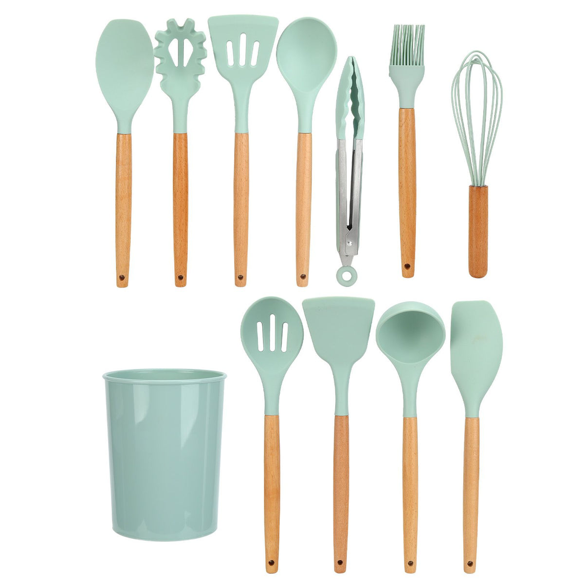 12Pcs/Set Cooking Utensil with Wooden Handle Silicone Cooking Tool for Home KitchenLight Green