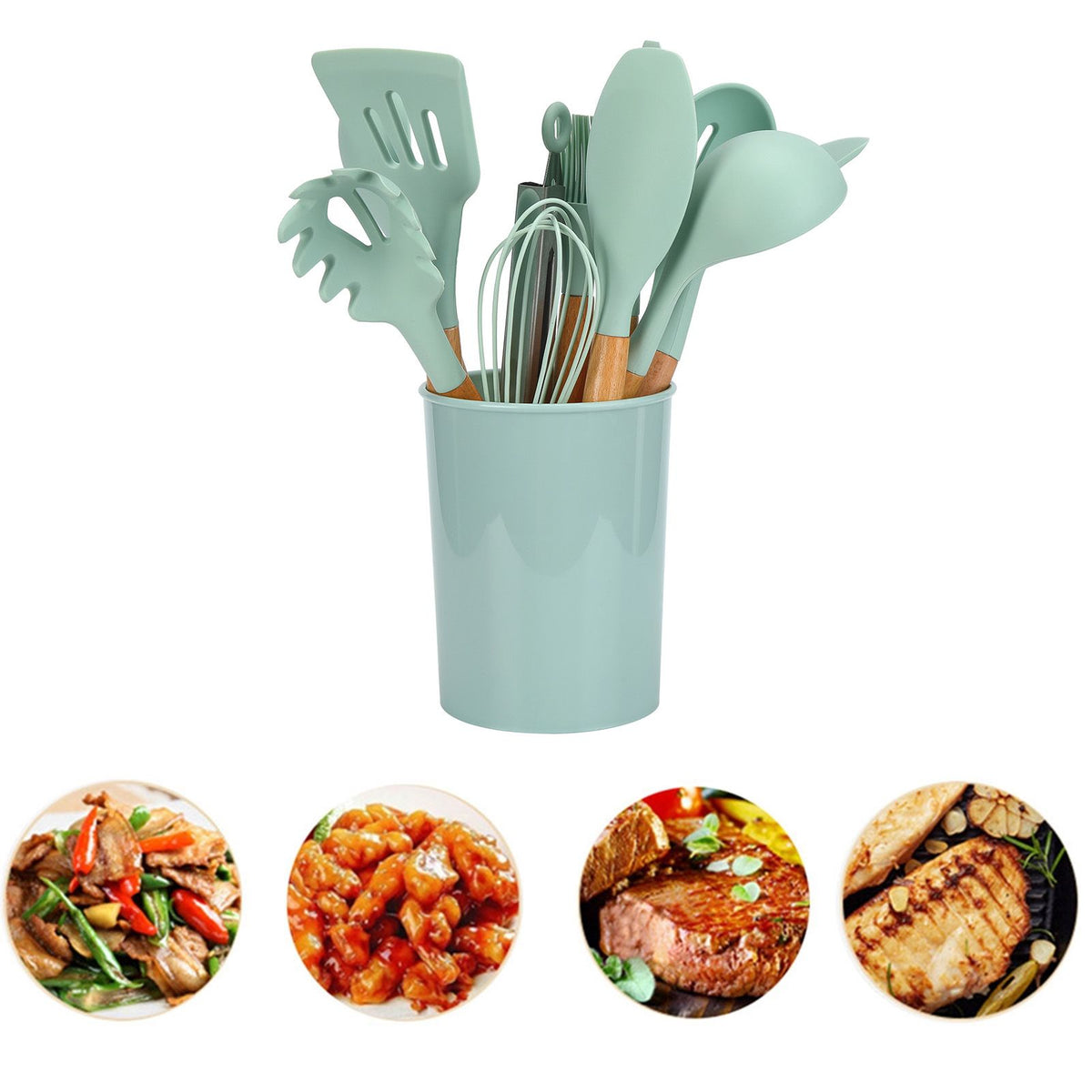 12Pcs/Set Cooking Utensil with Wooden Handle Silicone Cooking Tool for Home KitchenLight Green