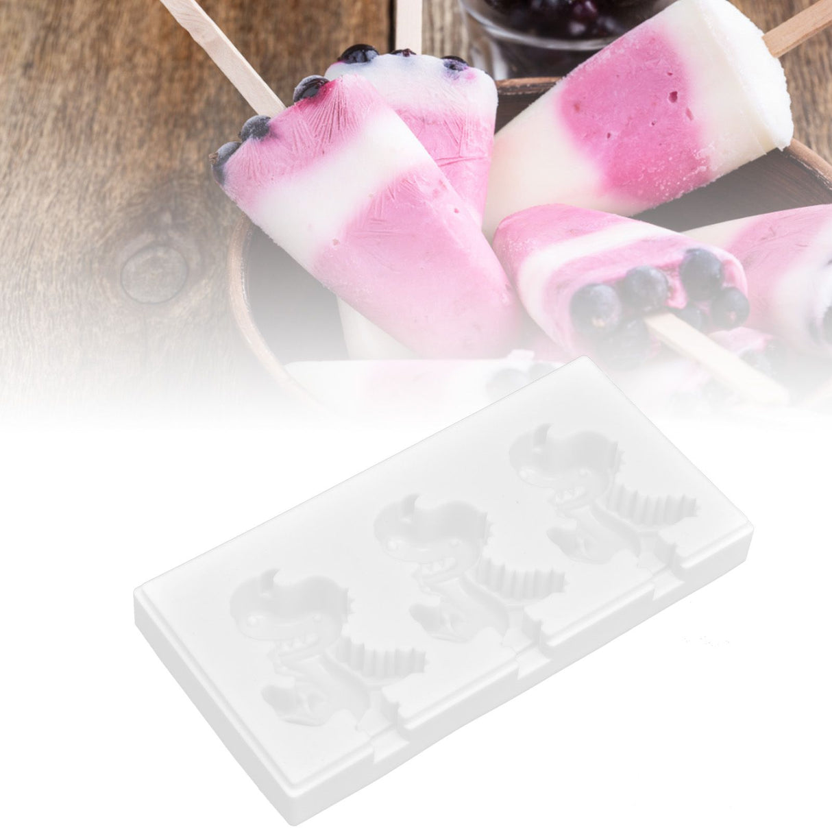 Multi Grid Silicone Ice Bar Mold Heat Resistant Ice Cream Making Mold Kitchen DIY Tool(3Grid Dinosaur Shape )