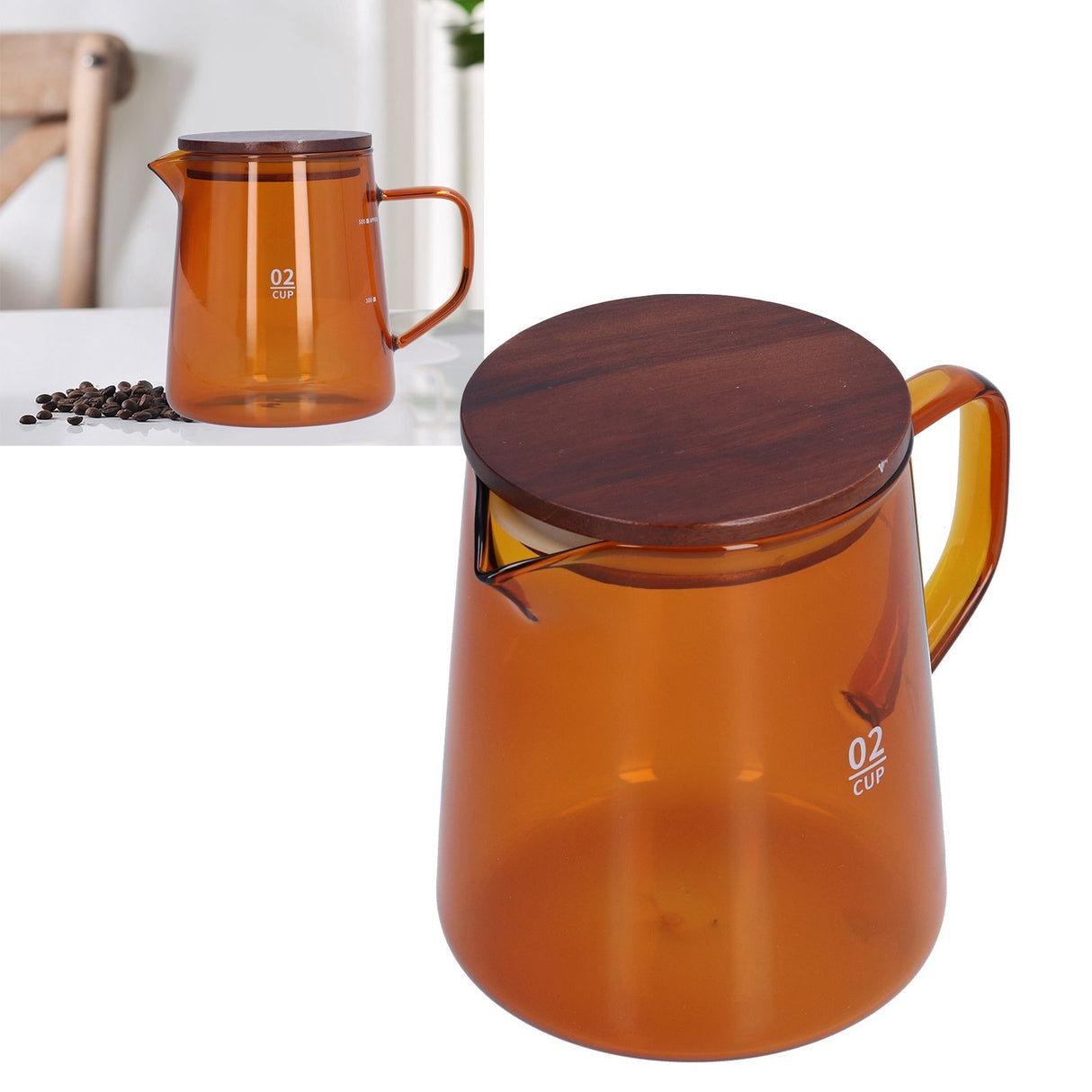 500ml Heat Resistant Coffee Server with Wooden Lid Household Tea Kettle for Home OfficeBrown