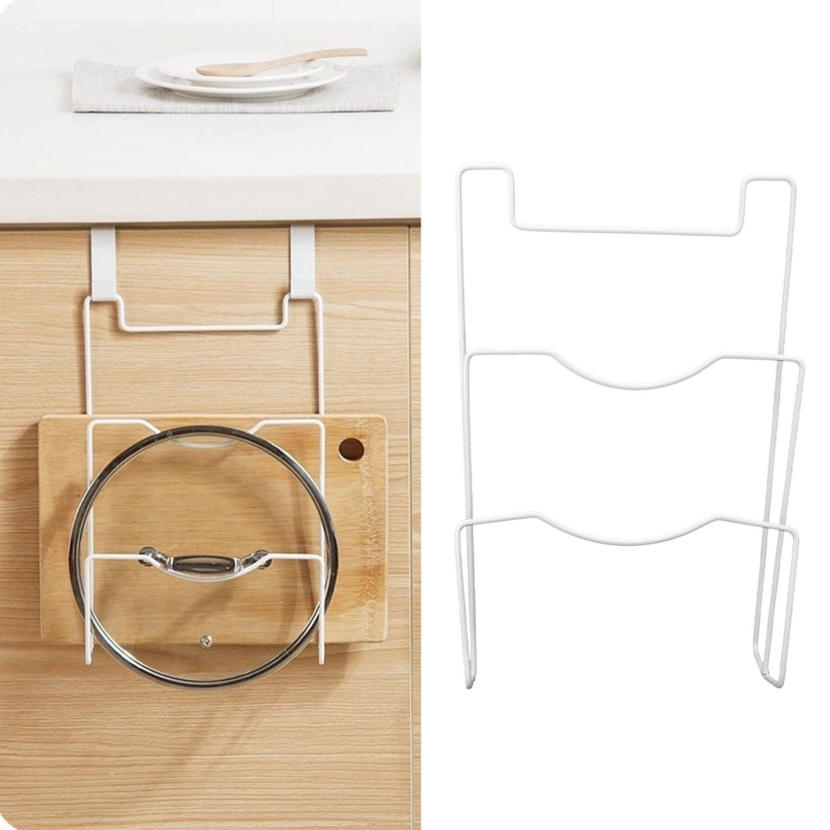 Wrought Iron Cabinet Door Mount Pot Lid Organizer Cutting Board Holder Kitchen Cookware Storage
