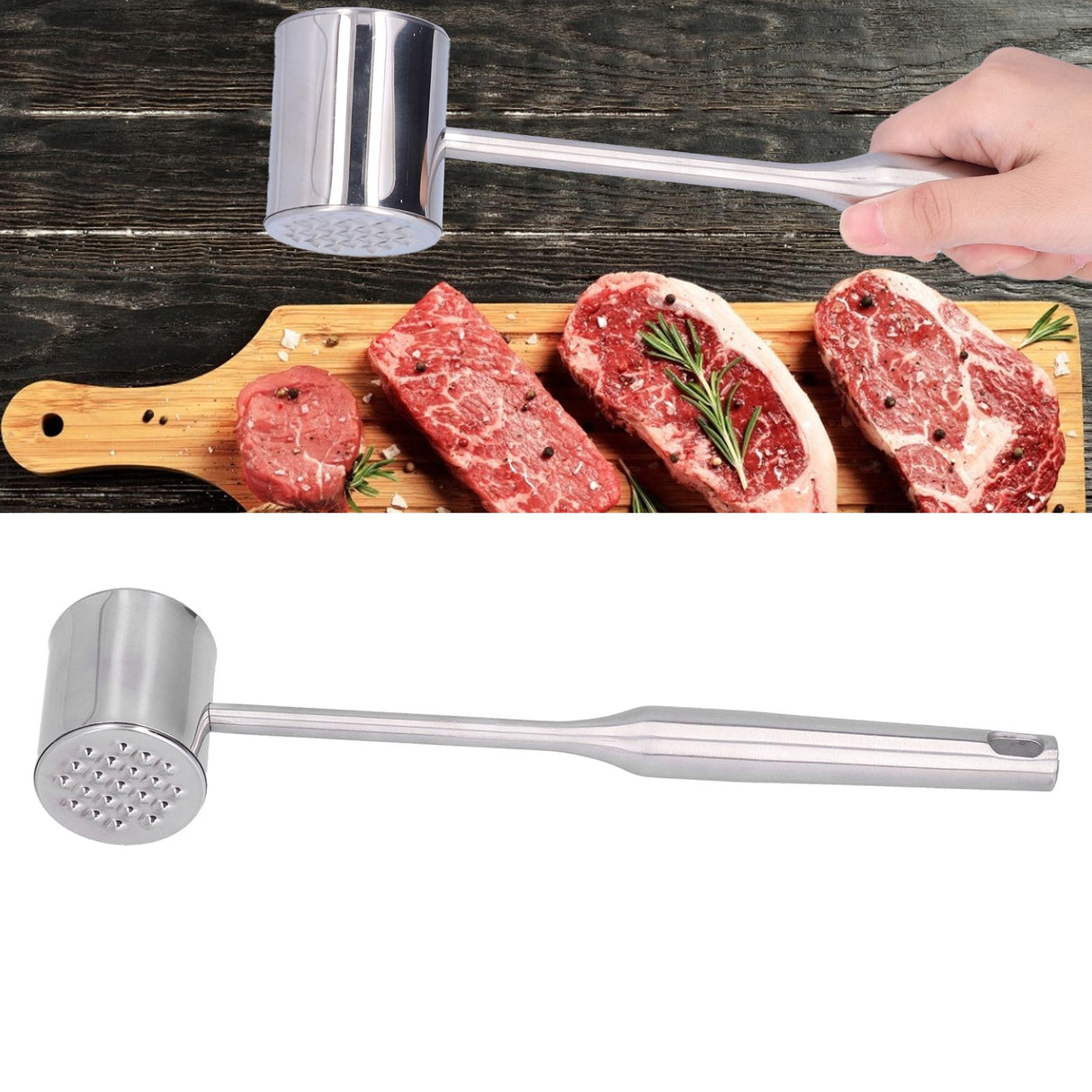 Meat Mallet Tenderizer Stainless Steel Hand Held Manual Anti Rust Steak Meat Pounder for Home Restaurants