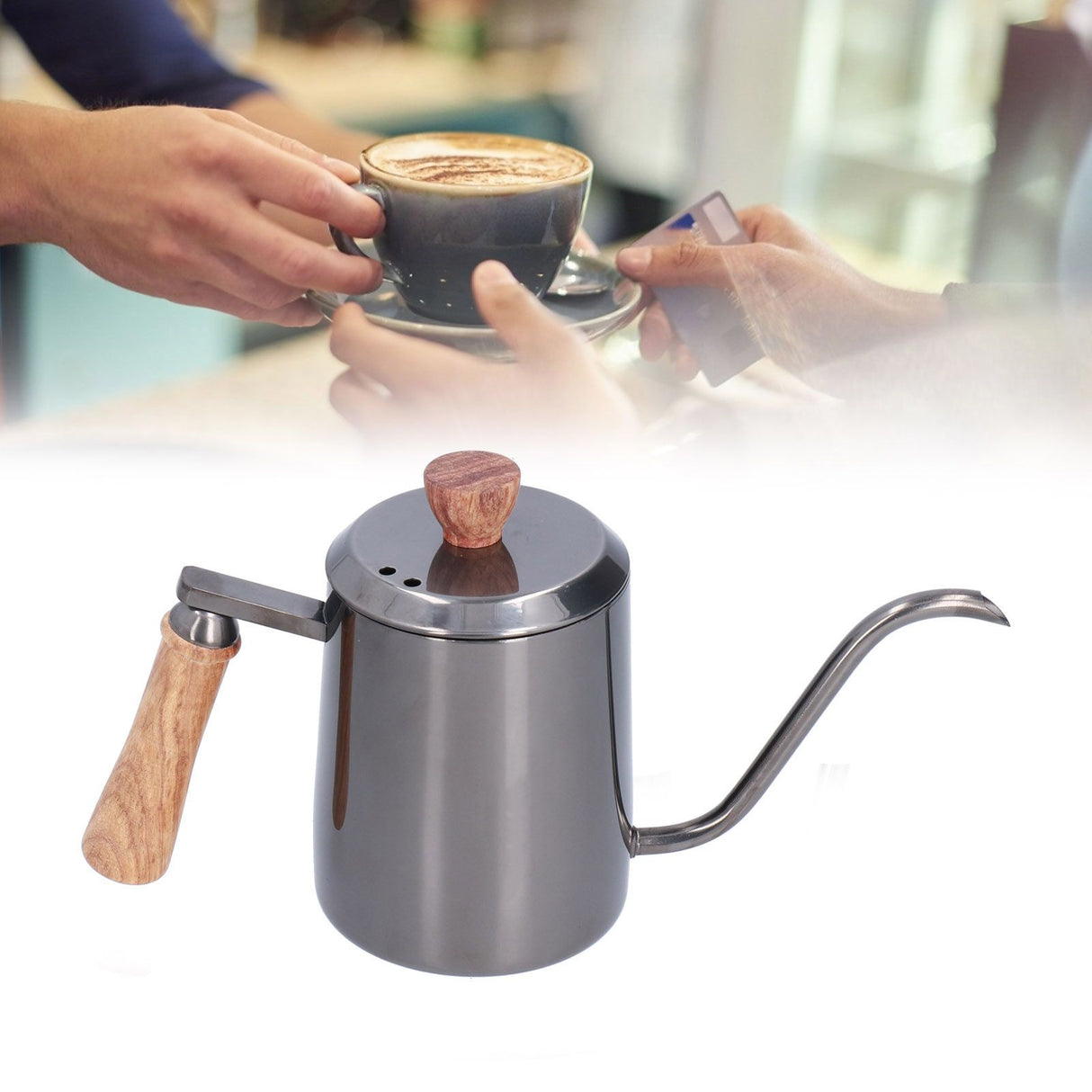 600ml Stainless Steel Manual Coffee Pot Long Narrow Spout Pour Over Kettle with Wooden HandleGray