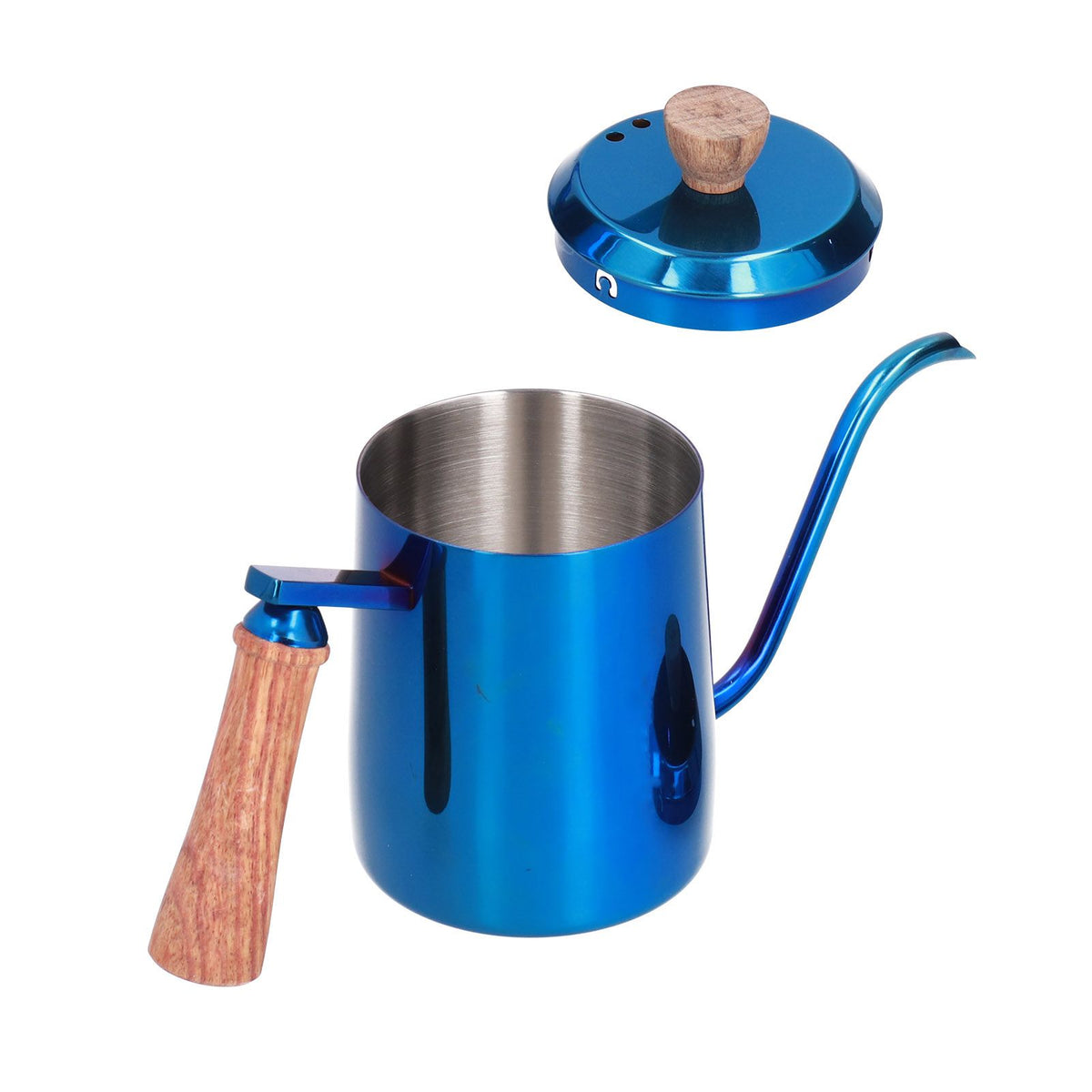 600ml Stainless Steel Manual Coffee Pot Long Narrow Spout Pour Over Kettle with Wooden HandleBlue