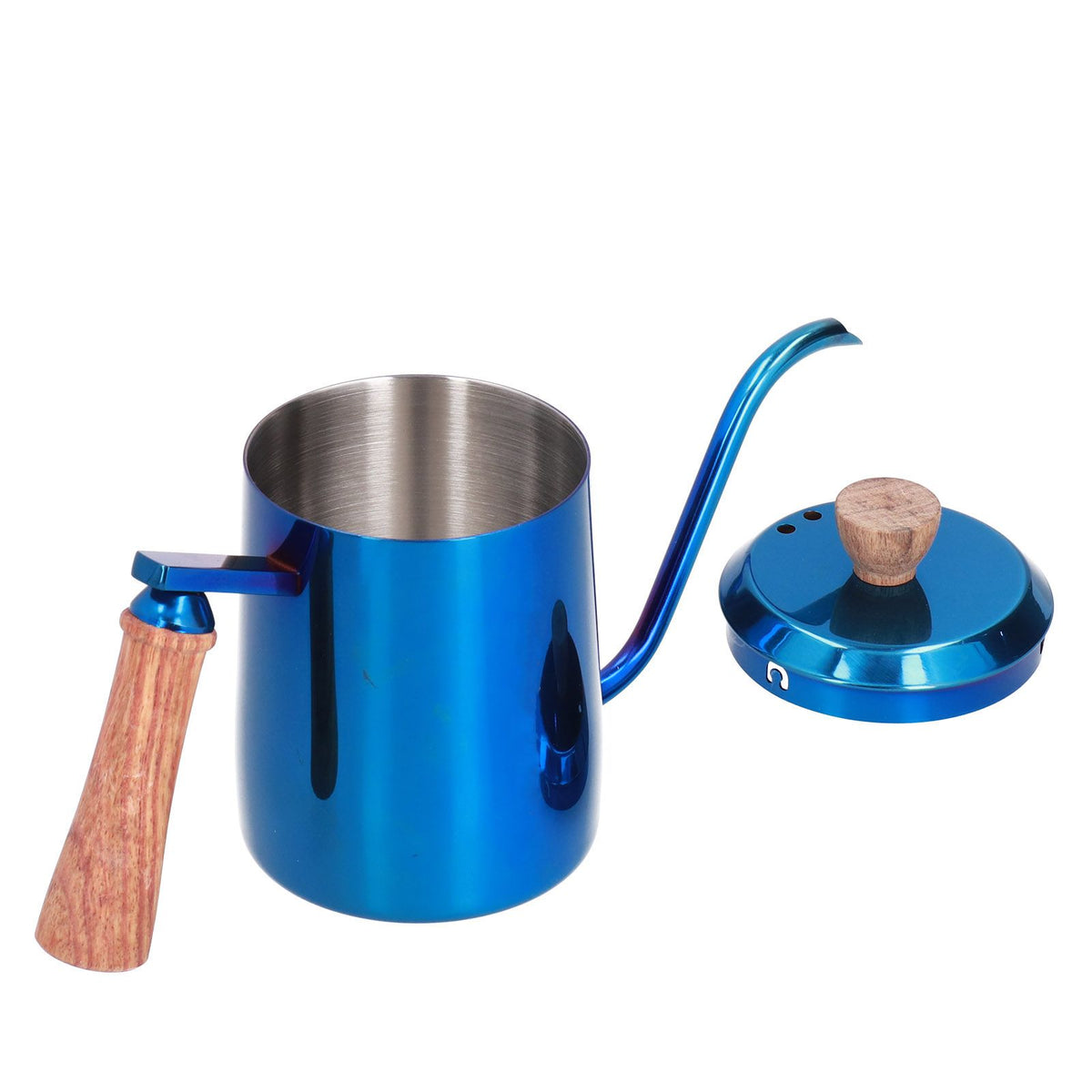 600ml Stainless Steel Manual Coffee Pot Long Narrow Spout Pour Over Kettle with Wooden HandleBlue